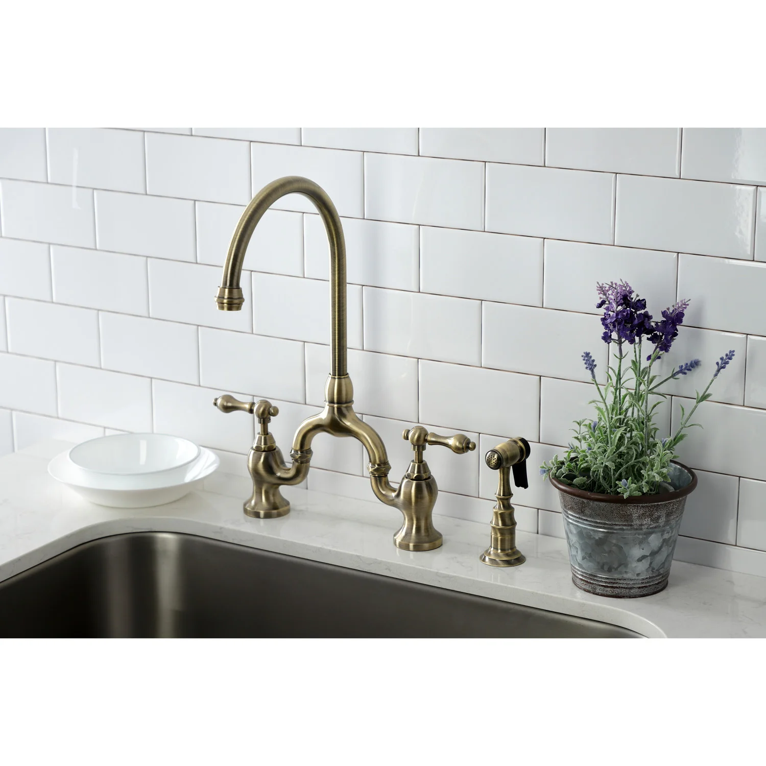 Kingston Heirloom KS7793ALBS - English Country Two-Handle 3-Hole Deck Mount Bridge Kitchen Faucet with Brass Sprayer, Antique Brass - Image 7