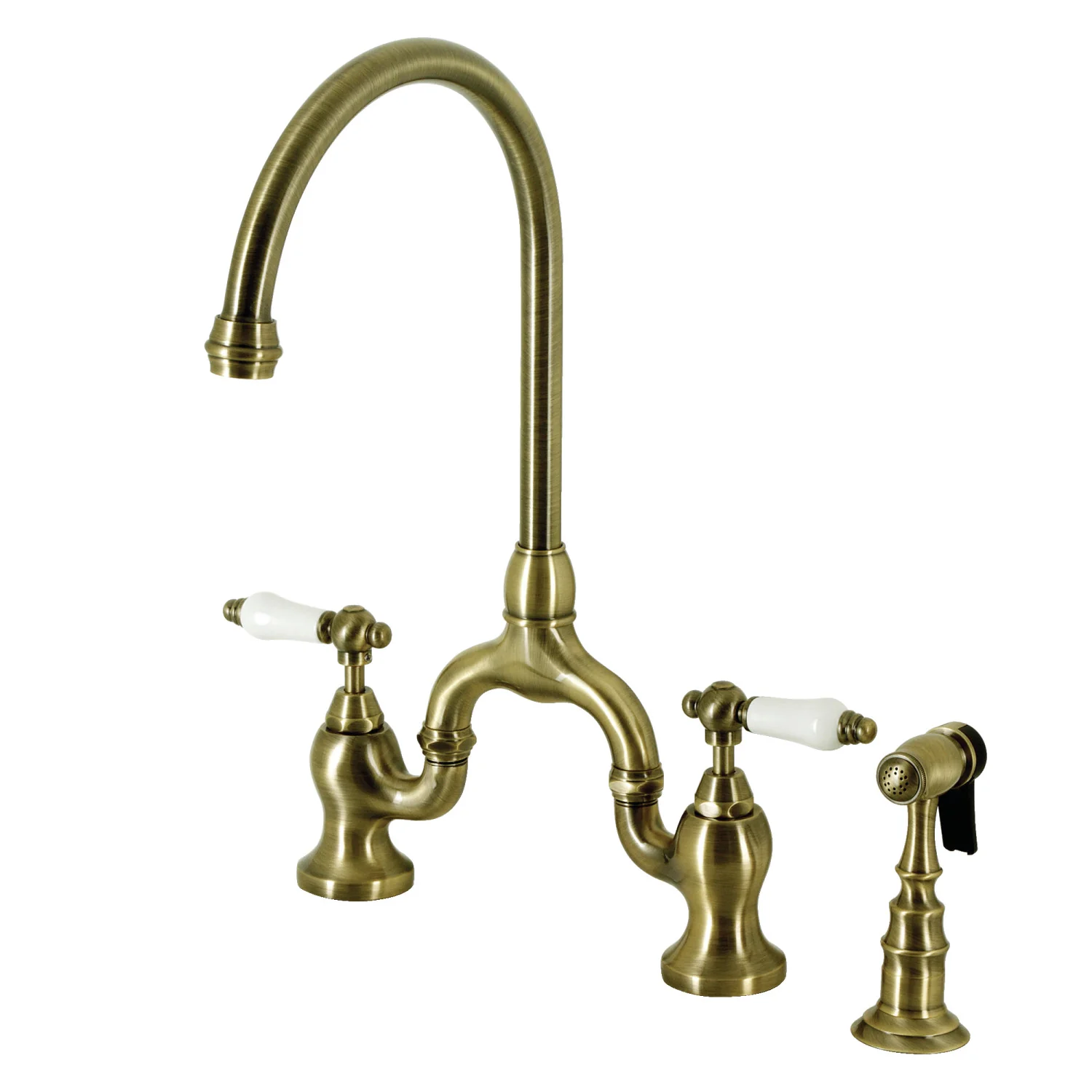 Kingston Heirloom KS7793PLBS - English Country Two-Handle 3-Hole Deck Mount Bridge Kitchen Faucet with Brass Sprayer, Antique Brass
