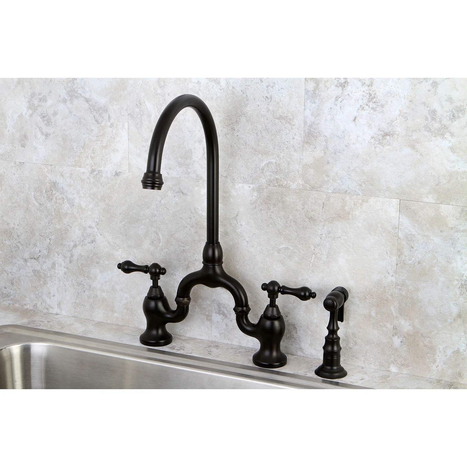 Kingston Heirloom KS7795ALBS - English Country Two-Handle 3-Hole Deck Mount Bridge Kitchen Faucet with Brass Sprayer, Oil Rubbed Bronze - Image 3