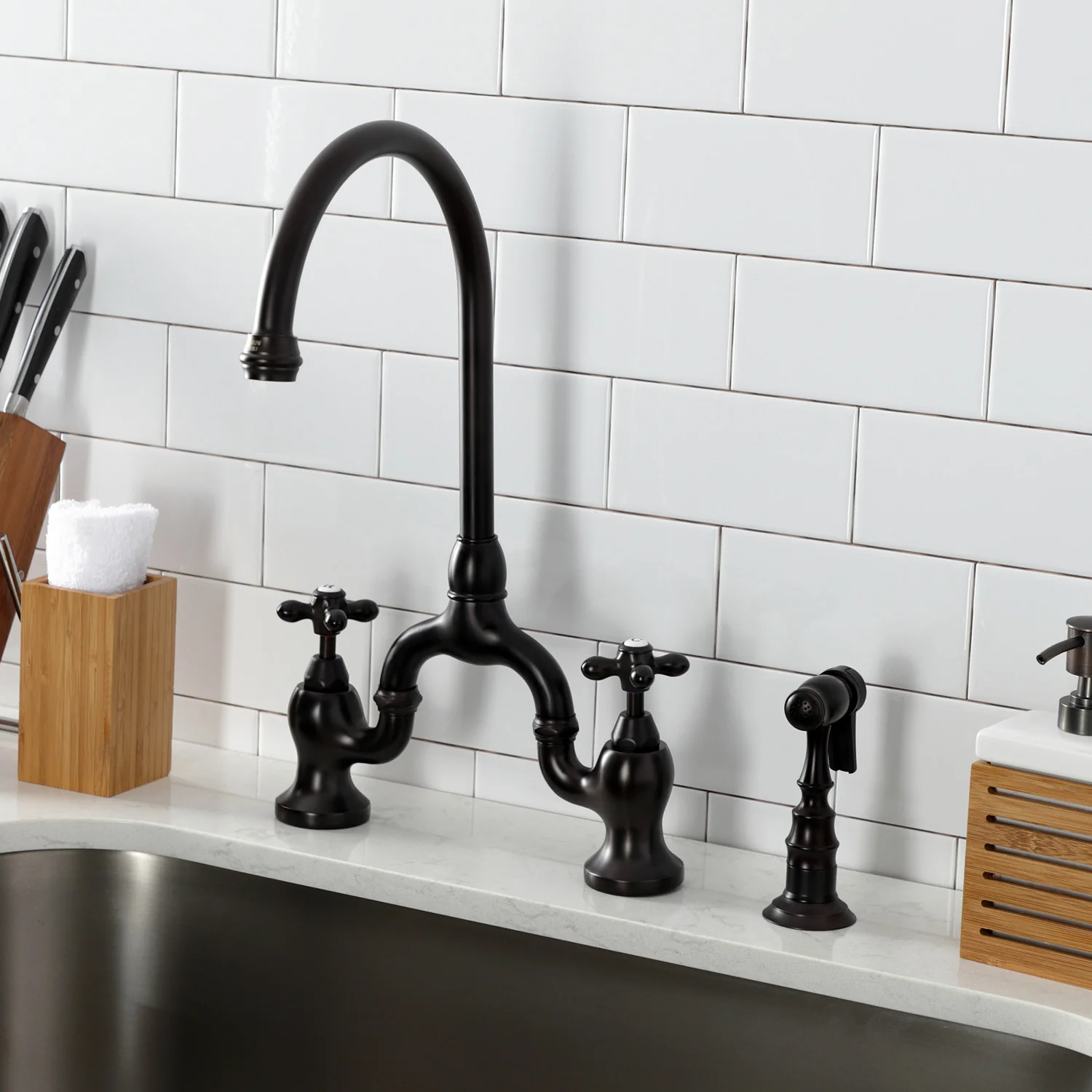 Kingston Heirloom KS7795AXBS - English Country Two-Handle 3-Hole Deck Mount Bridge Kitchen Faucet with Brass Sprayer, Oil Rubbed Bronze - Image 2