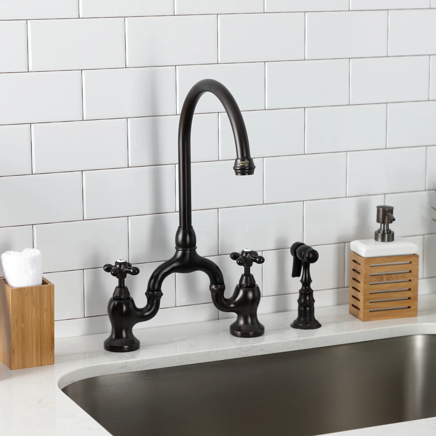 Kingston Heirloom KS7795AXBS - English Country Two-Handle 3-Hole Deck Mount Bridge Kitchen Faucet with Brass Sprayer, Oil Rubbed Bronze - Image 4