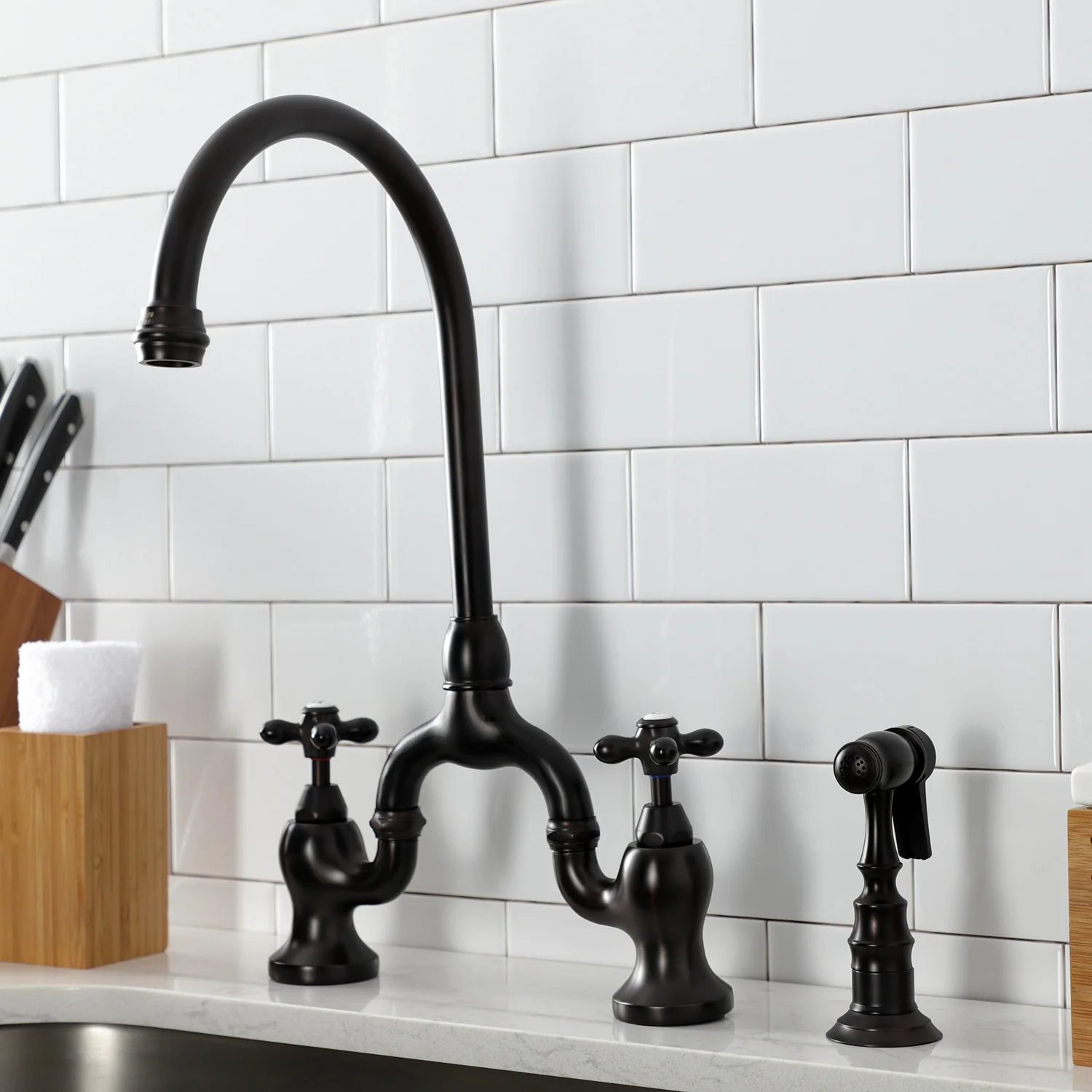 Kingston Heirloom KS7795AXBS - English Country Two-Handle 3-Hole Deck Mount Bridge Kitchen Faucet with Brass Sprayer, Oil Rubbed Bronze - Image 6