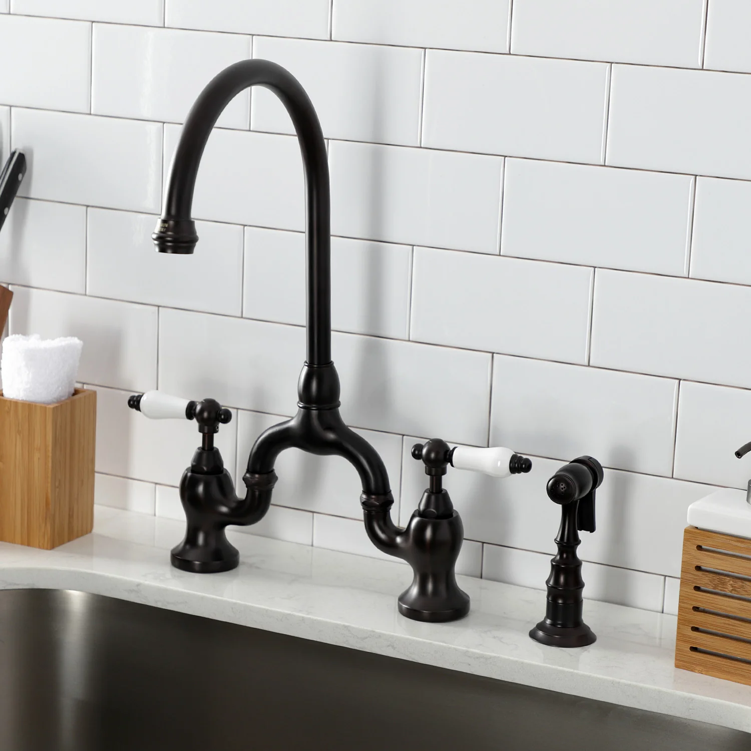 Kingston Heirloom KS7795PLBS - English Country Two-Handle 3-Hole Deck Mount Bridge Kitchen Faucet with Brass Sprayer, Oil Rubbed Bronze - Image 2