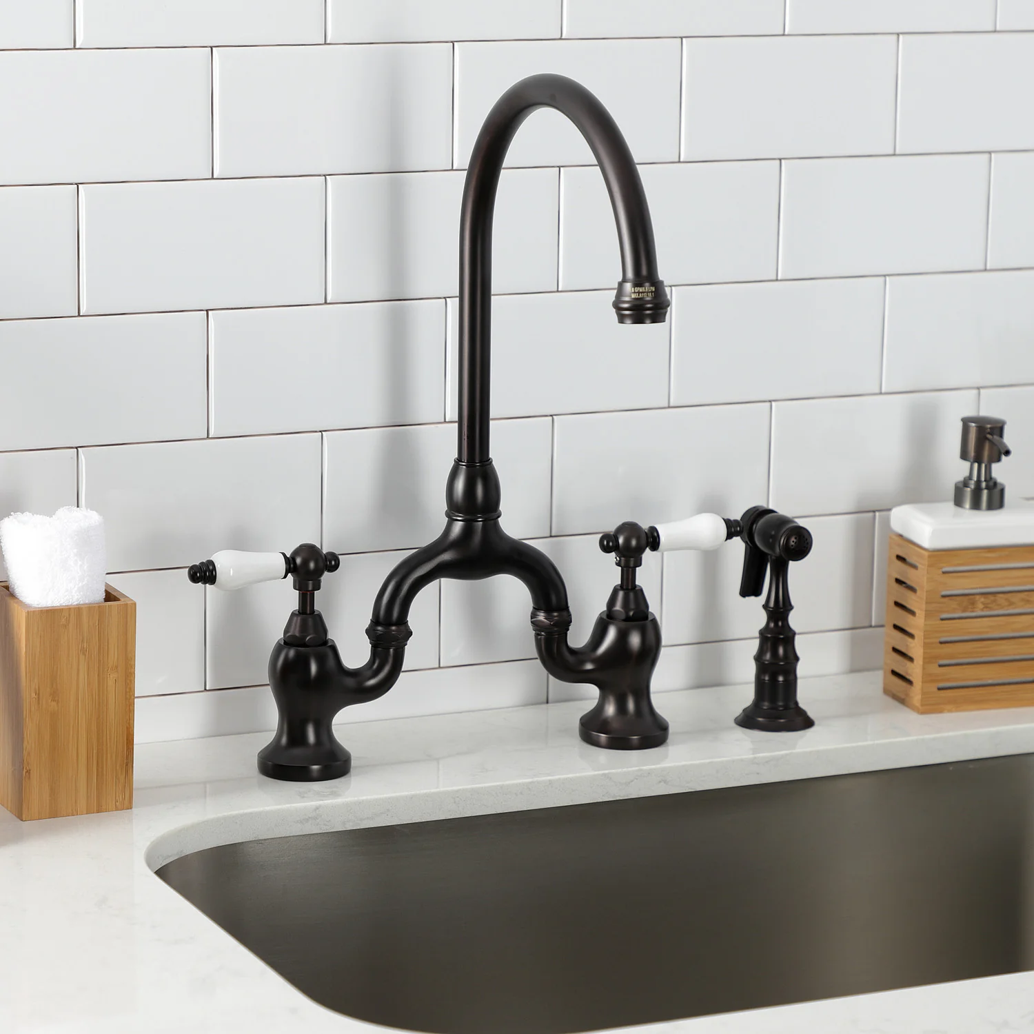 Kingston Heirloom KS7795PLBS - English Country Two-Handle 3-Hole Deck Mount Bridge Kitchen Faucet with Brass Sprayer, Oil Rubbed Bronze - Image 4