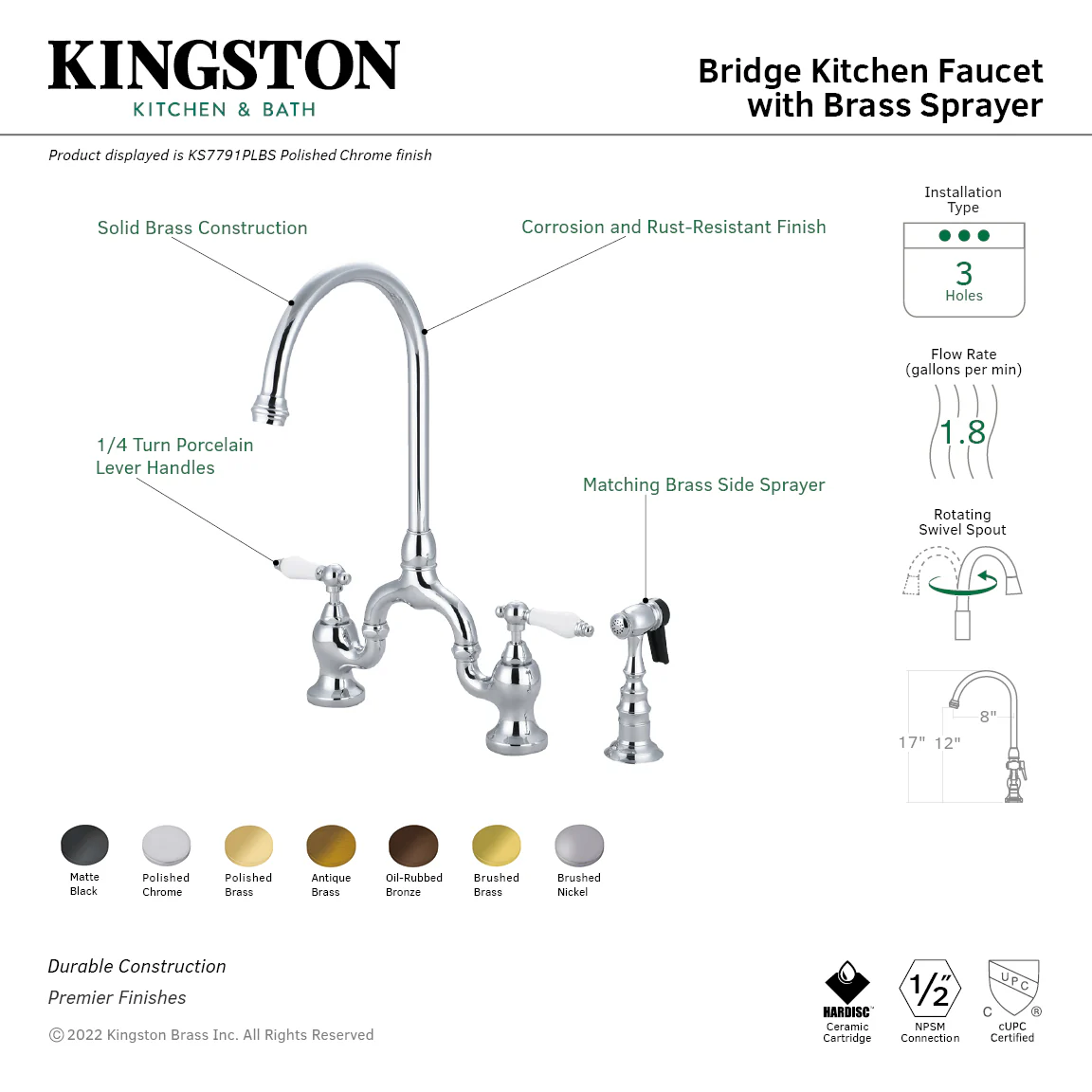Kingston Heirloom KS7795PLBS - English Country Two-Handle 3-Hole Deck Mount Bridge Kitchen Faucet with Brass Sprayer, Oil Rubbed Bronze - Image 8