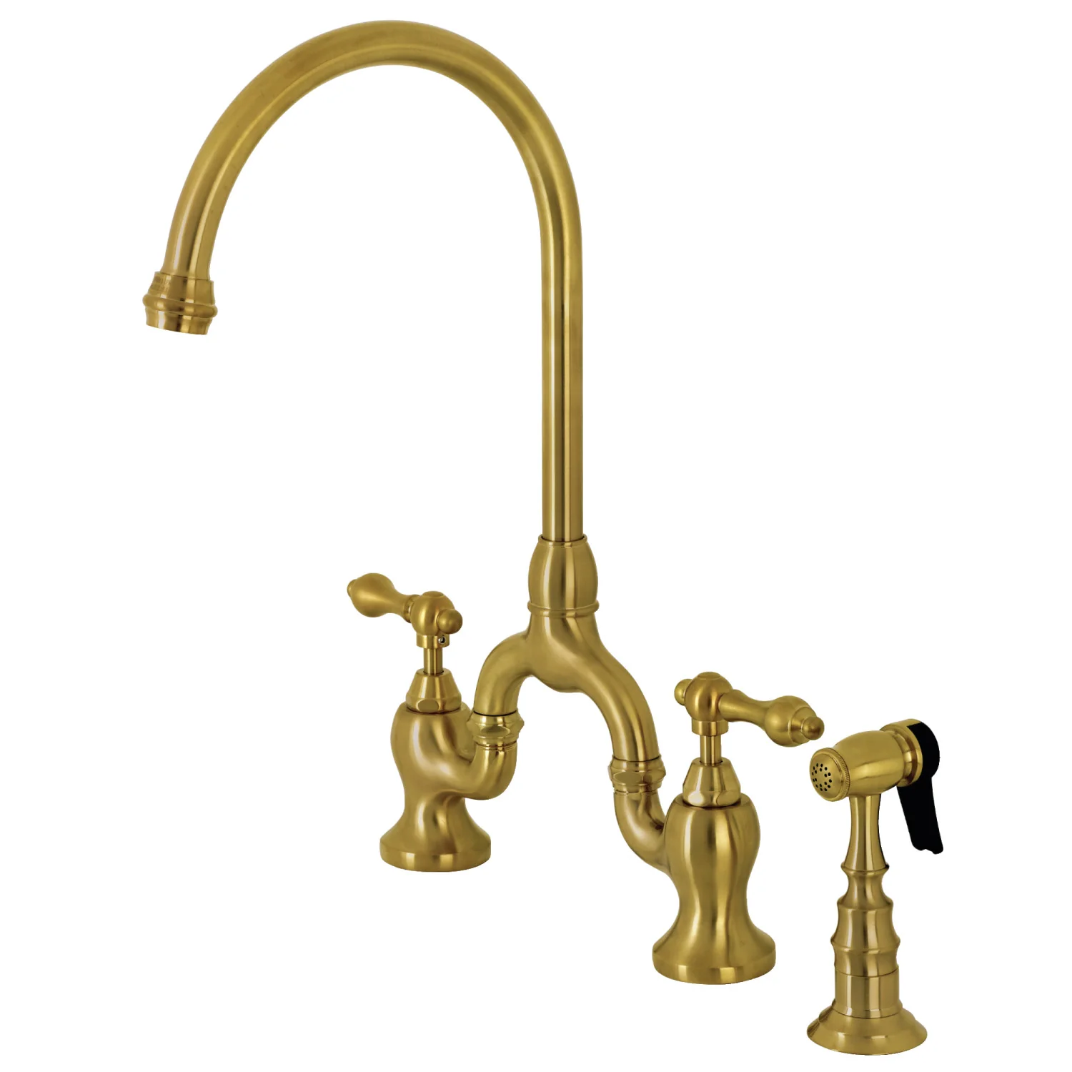 Kingston Heirloom KS7797ALBS - English Country Two-Handle 3-Hole Deck Mount Bridge Kitchen Faucet with Brass Sprayer, Brushed Brass