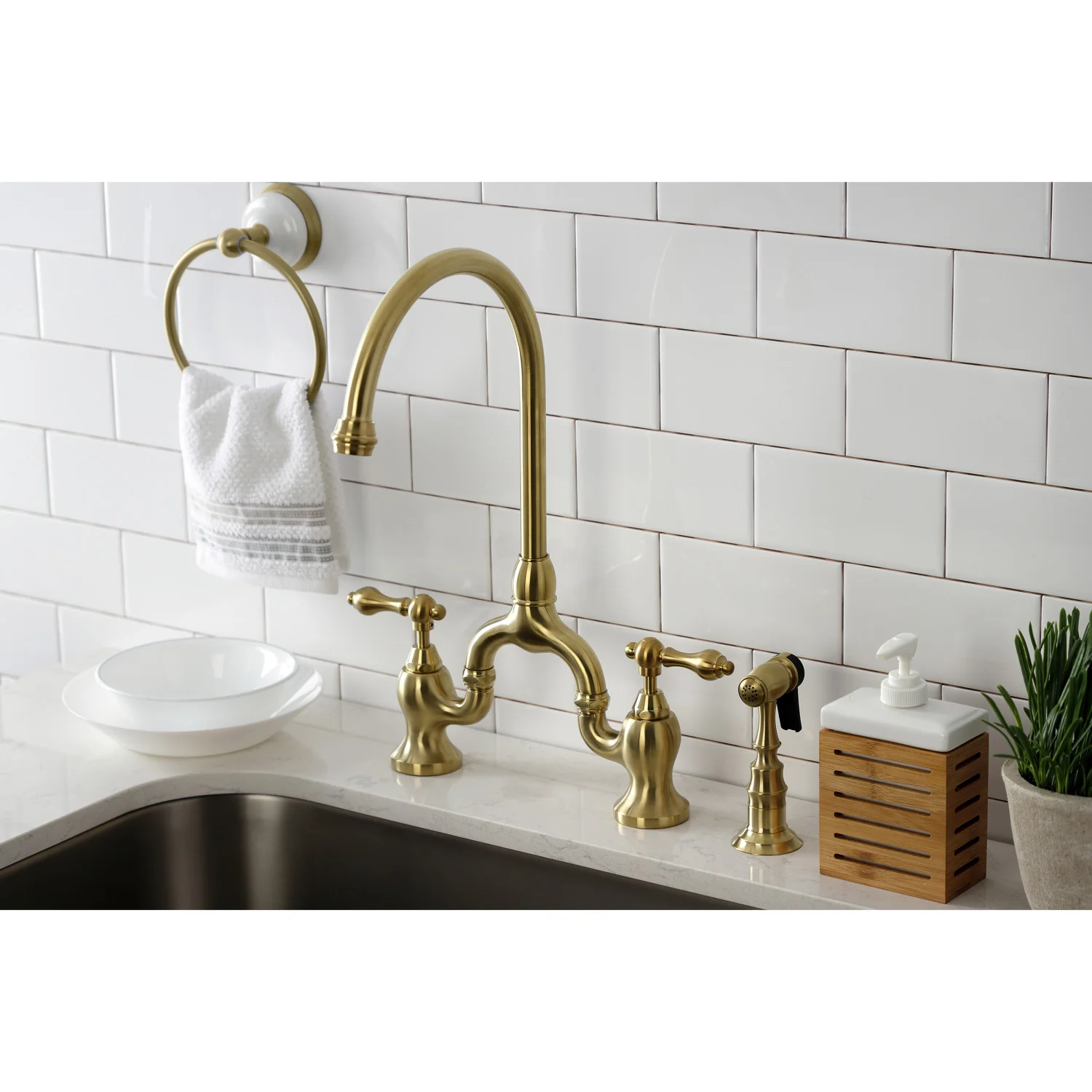 Kingston Heirloom KS7797ALBS - English Country Two-Handle 3-Hole Deck Mount Bridge Kitchen Faucet with Brass Sprayer, Brushed Brass - Image 2