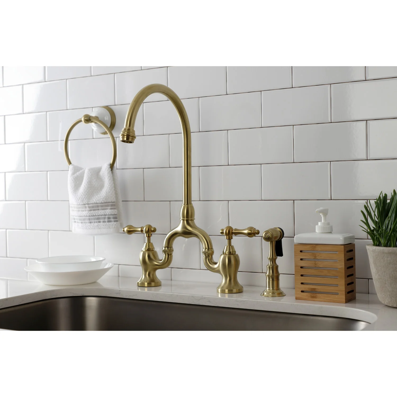 Kingston Heirloom KS7797ALBS - English Country Two-Handle 3-Hole Deck Mount Bridge Kitchen Faucet with Brass Sprayer, Brushed Brass - Image 3