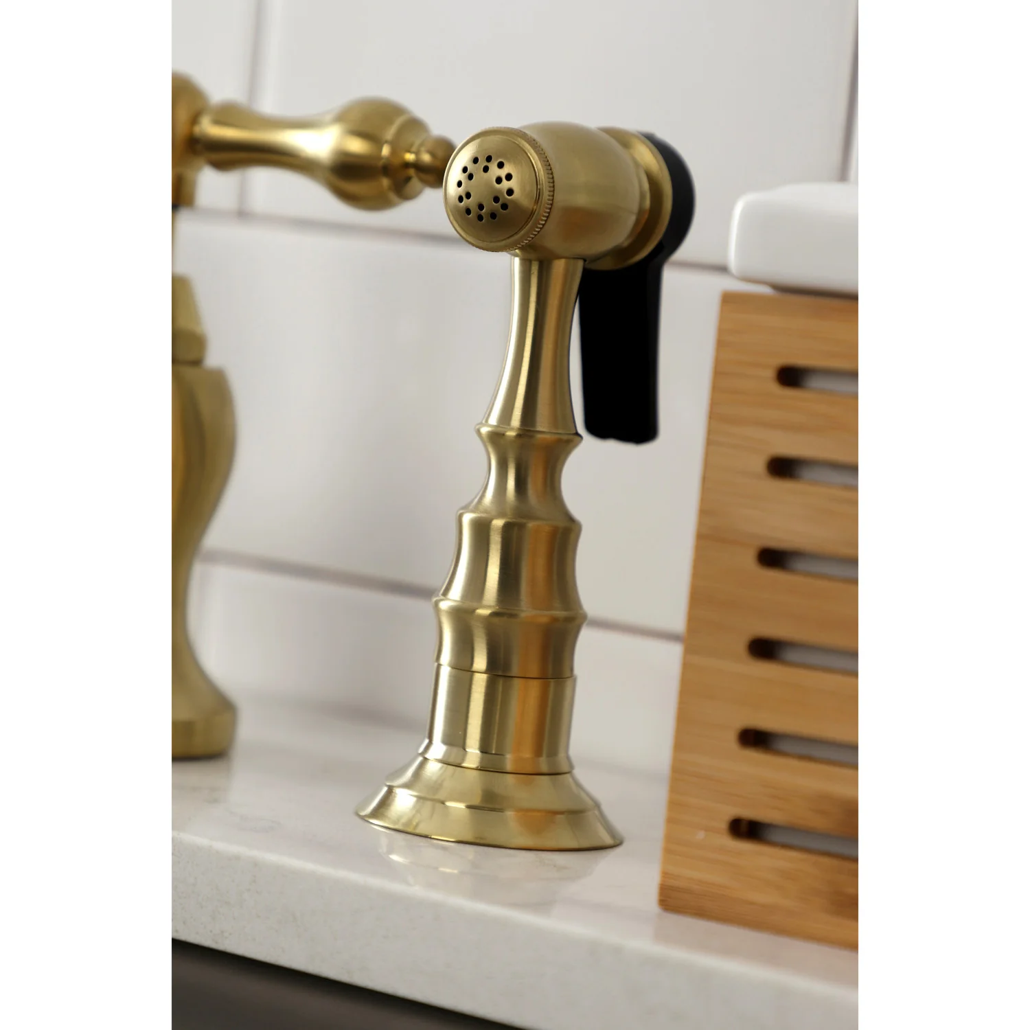 Kingston Heirloom KS7797ALBS - English Country Two-Handle 3-Hole Deck Mount Bridge Kitchen Faucet with Brass Sprayer, Brushed Brass - Image 4