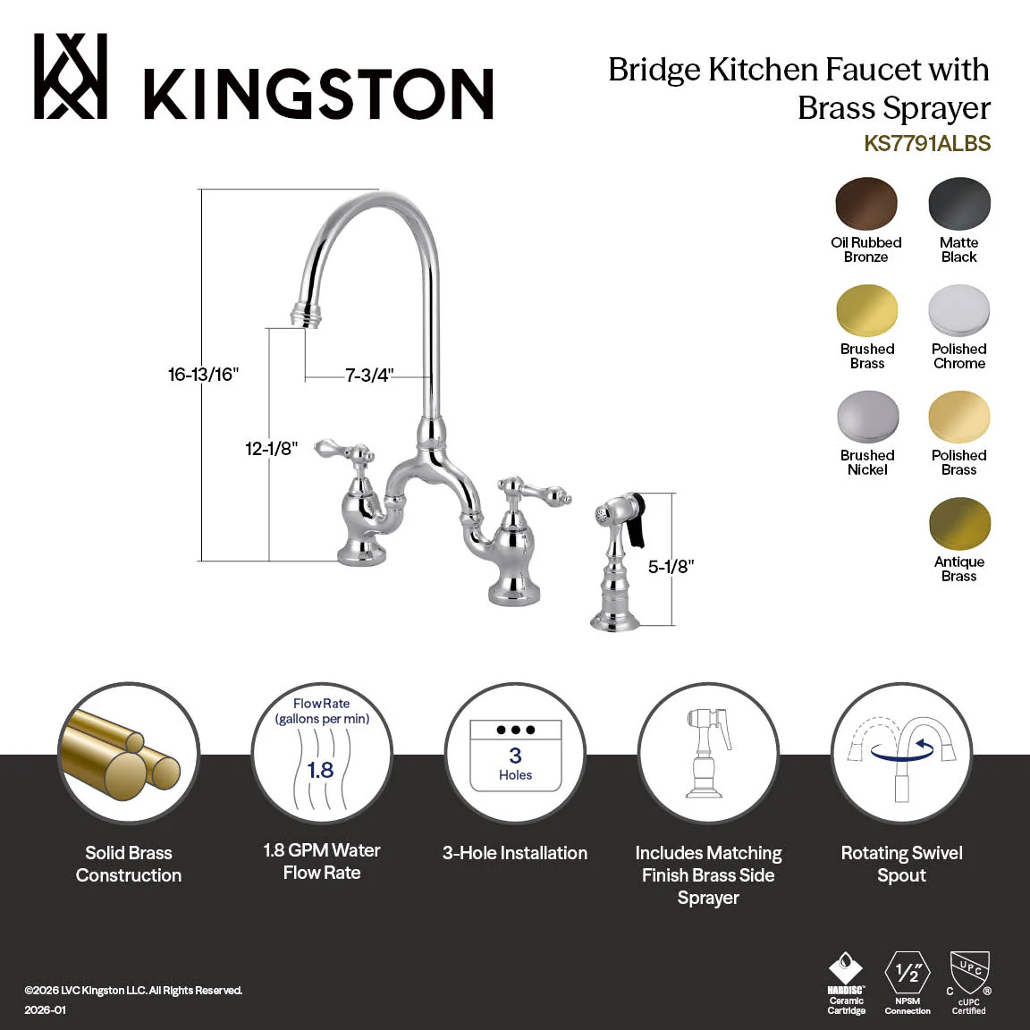 Kingston Heirloom KS7797ALBS - English Country Two-Handle 3-Hole Deck Mount Bridge Kitchen Faucet with Brass Sprayer, Brushed Brass - Image 6