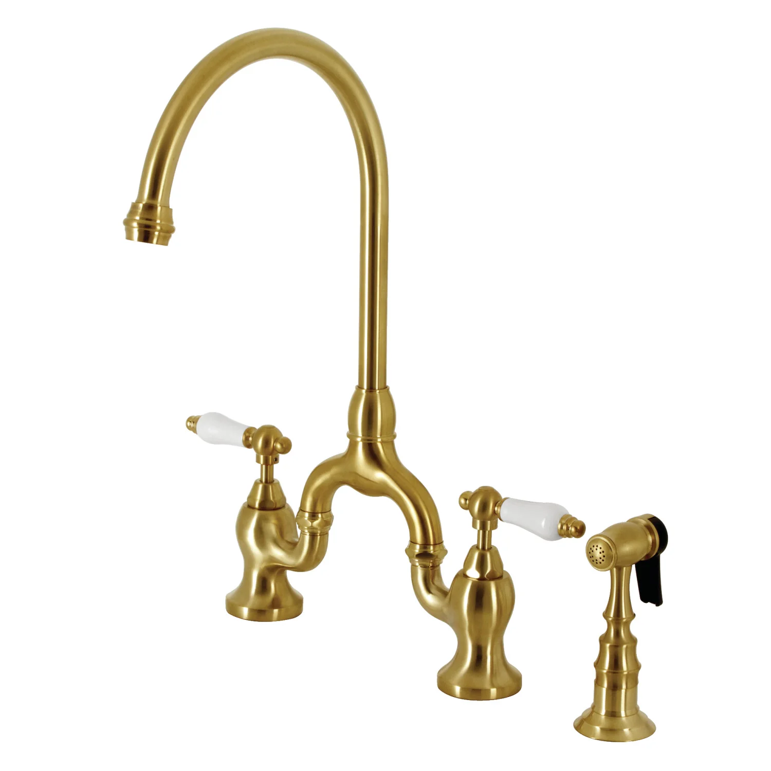 Kingston Heirloom KS7797PLBS - English Country Two-Handle 3-Hole Deck Mount Bridge Kitchen Faucet with Brass Sprayer, Brushed Brass