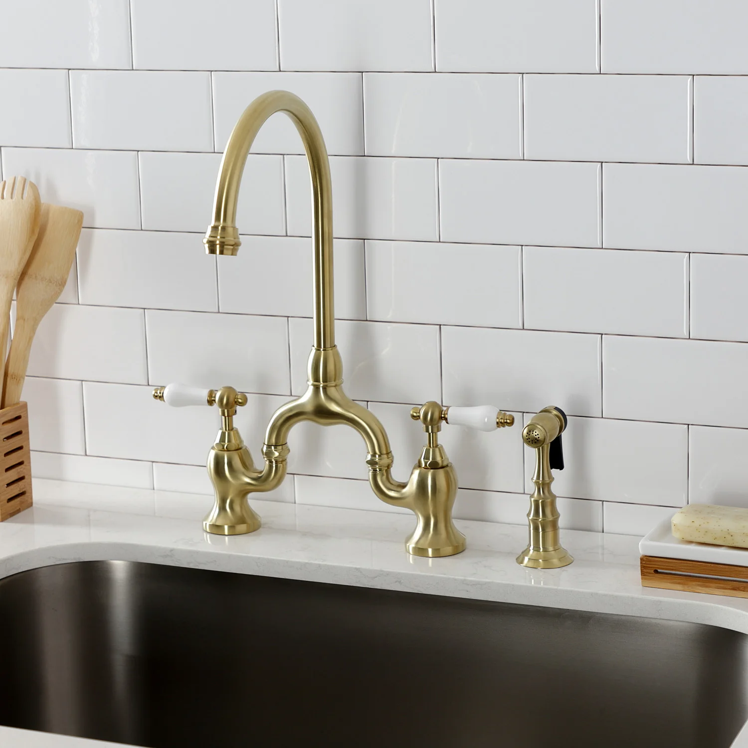 Kingston Heirloom KS7797PLBS - English Country Two-Handle 3-Hole Deck Mount Bridge Kitchen Faucet with Brass Sprayer, Brushed Brass - Image 2
