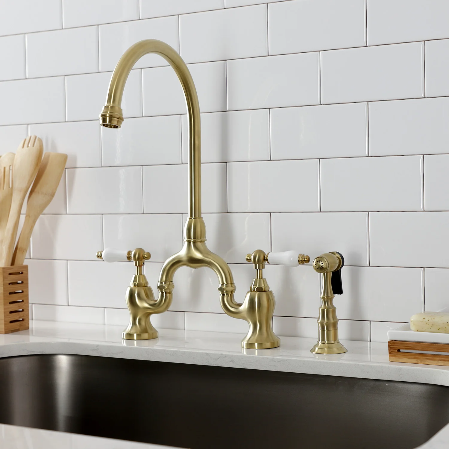 Kingston Heirloom KS7797PLBS - English Country Two-Handle 3-Hole Deck Mount Bridge Kitchen Faucet with Brass Sprayer, Brushed Brass - Image 3