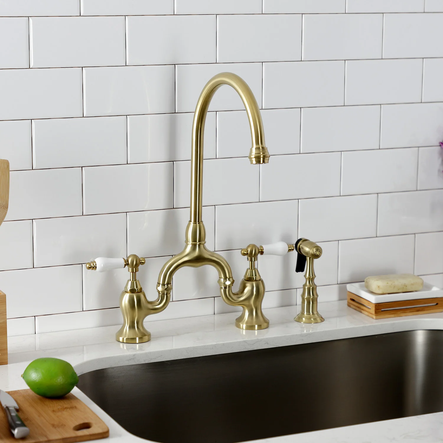 Kingston Heirloom KS7797PLBS - English Country Two-Handle 3-Hole Deck Mount Bridge Kitchen Faucet with Brass Sprayer, Brushed Brass - Image 4