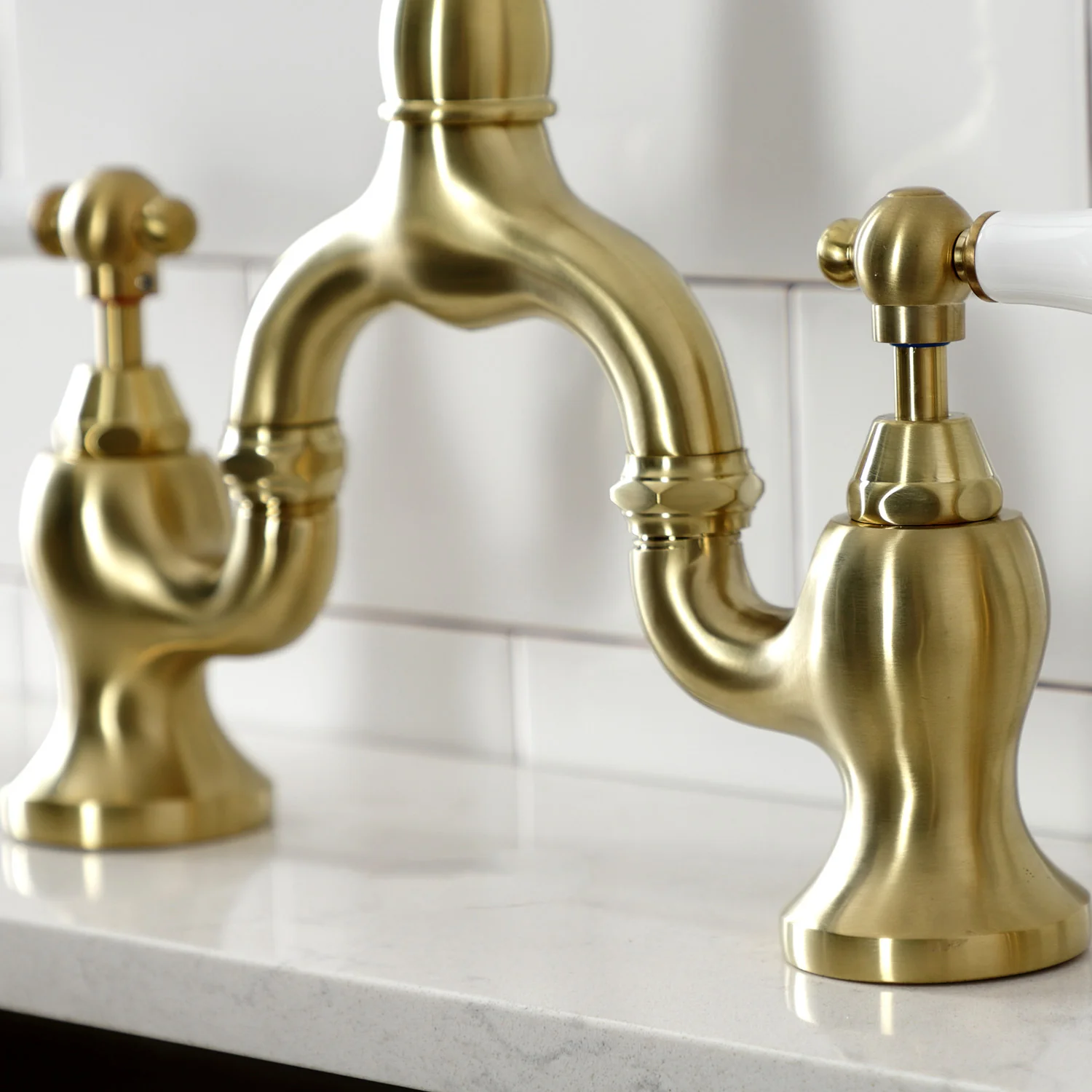 Kingston Heirloom KS7797PLBS - English Country Two-Handle 3-Hole Deck Mount Bridge Kitchen Faucet with Brass Sprayer, Brushed Brass - Image 5