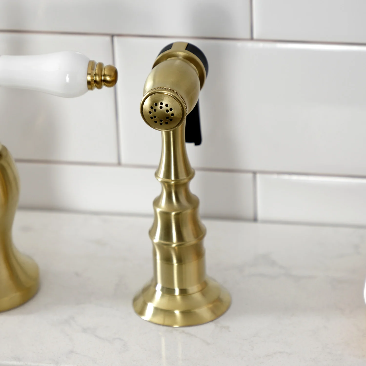 Kingston Heirloom KS7797PLBS - English Country Two-Handle 3-Hole Deck Mount Bridge Kitchen Faucet with Brass Sprayer, Brushed Brass - Image 6