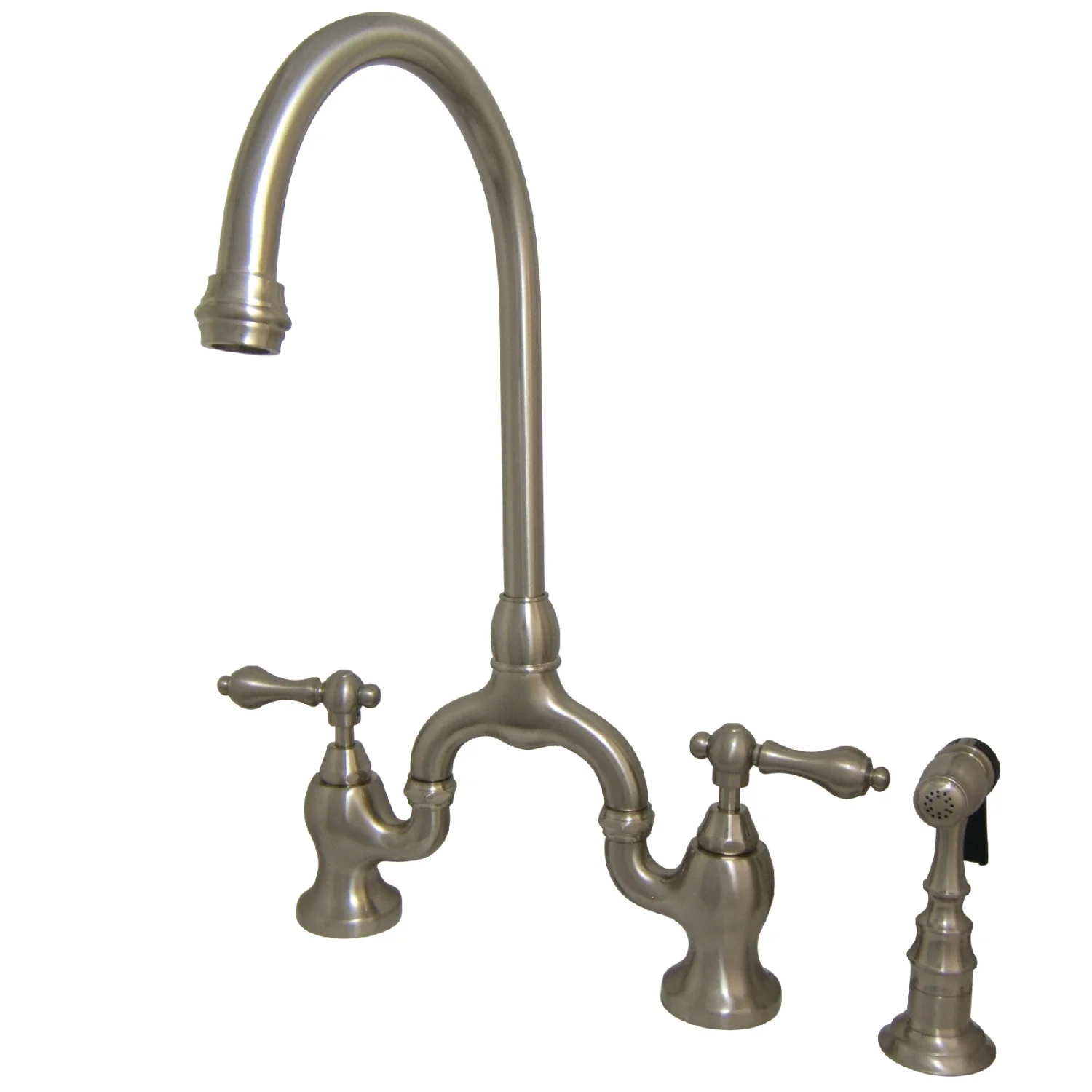 Kingston Heirloom KS7798ALBS - English Country Two-Handle 3-Hole Deck Mount Bridge Kitchen Faucet with Brass Sprayer, Brushed Nickel