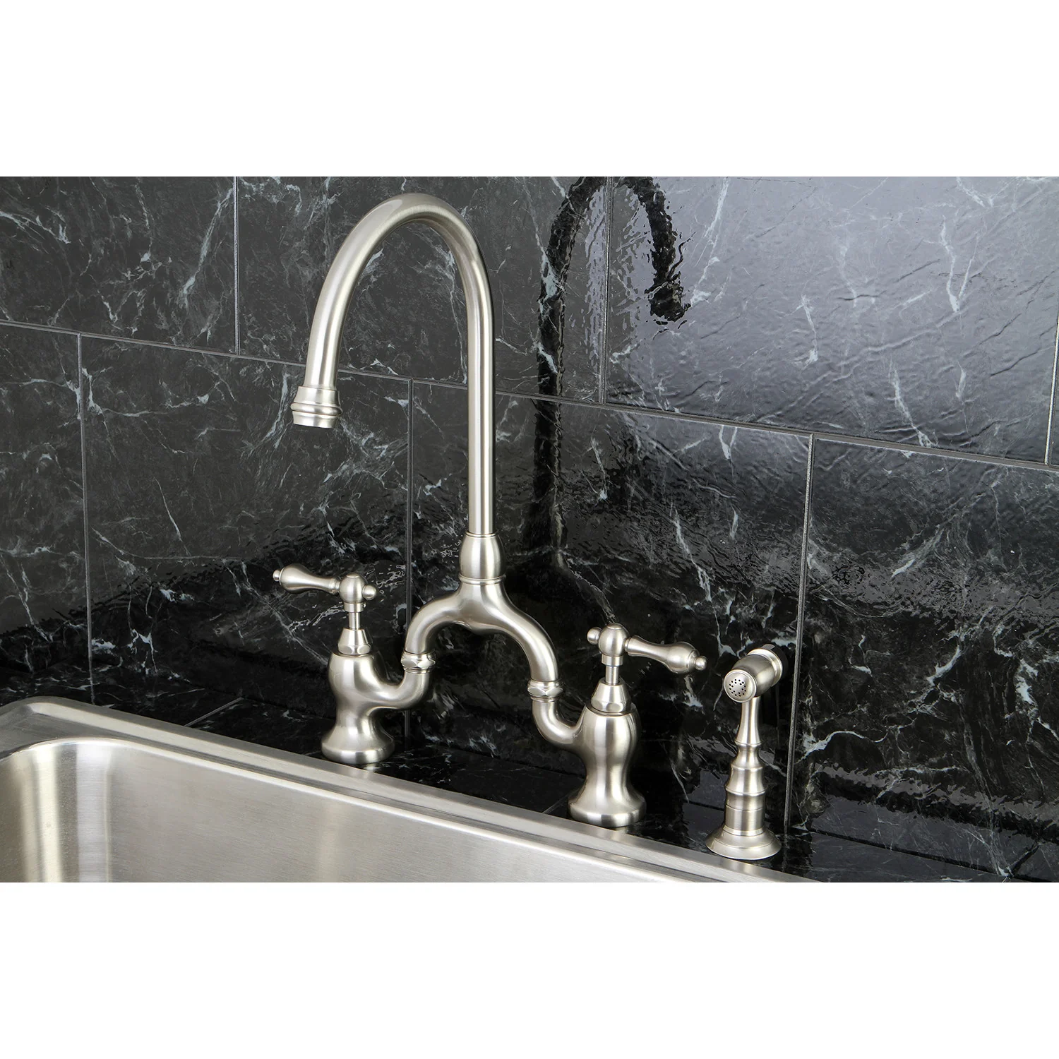 Kingston Heirloom KS7798ALBS - English Country Two-Handle 3-Hole Deck Mount Bridge Kitchen Faucet with Brass Sprayer, Brushed Nickel - Image 3
