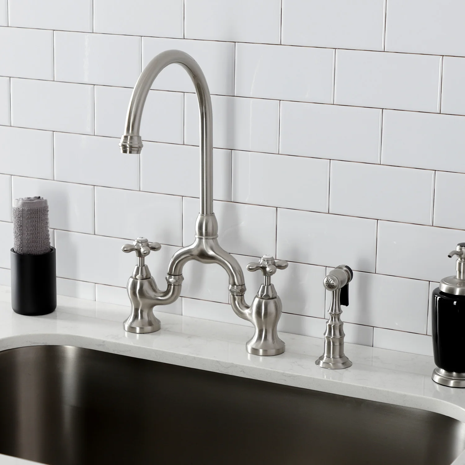 Kingston Heirloom KS7798AXBS - English Country Two-Handle 3-Hole Deck Mount Bridge Kitchen Faucet with Brass Sprayer, Brushed Nickel - Image 2