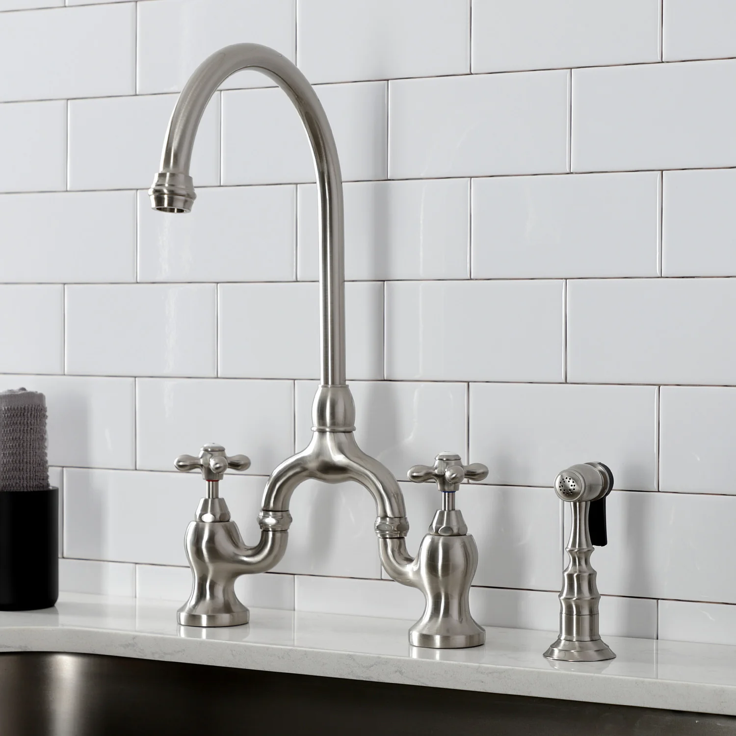Kingston Heirloom KS7798AXBS - English Country Two-Handle 3-Hole Deck Mount Bridge Kitchen Faucet with Brass Sprayer, Brushed Nickel - Image 3