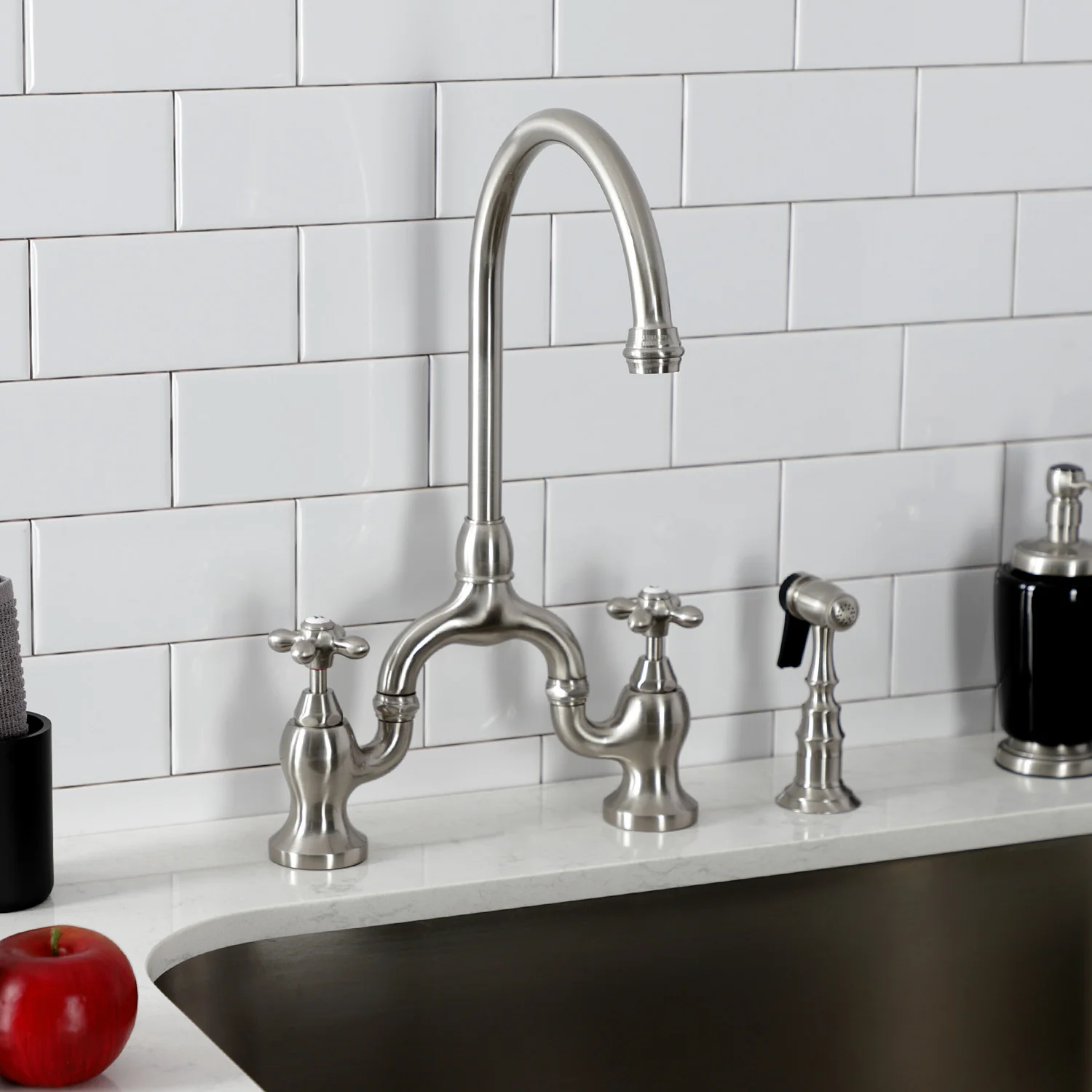 Kingston Heirloom KS7798AXBS - English Country Two-Handle 3-Hole Deck Mount Bridge Kitchen Faucet with Brass Sprayer, Brushed Nickel - Image 4