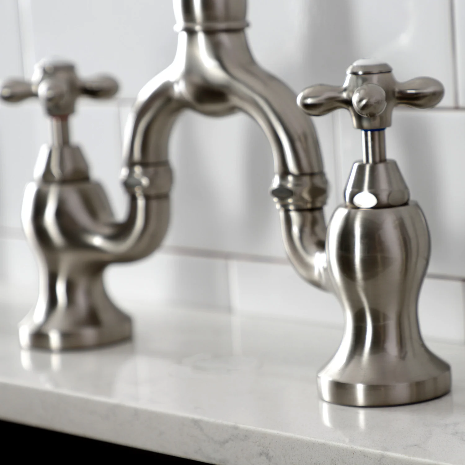 Kingston Heirloom KS7798AXBS - English Country Two-Handle 3-Hole Deck Mount Bridge Kitchen Faucet with Brass Sprayer, Brushed Nickel - Image 5