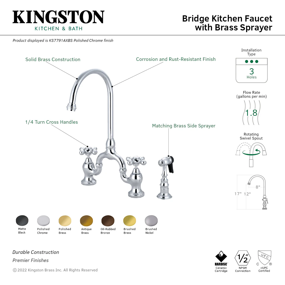 Kingston Heirloom KS7798AXBS - English Country Two-Handle 3-Hole Deck Mount Bridge Kitchen Faucet with Brass Sprayer, Brushed Nickel - Image 9