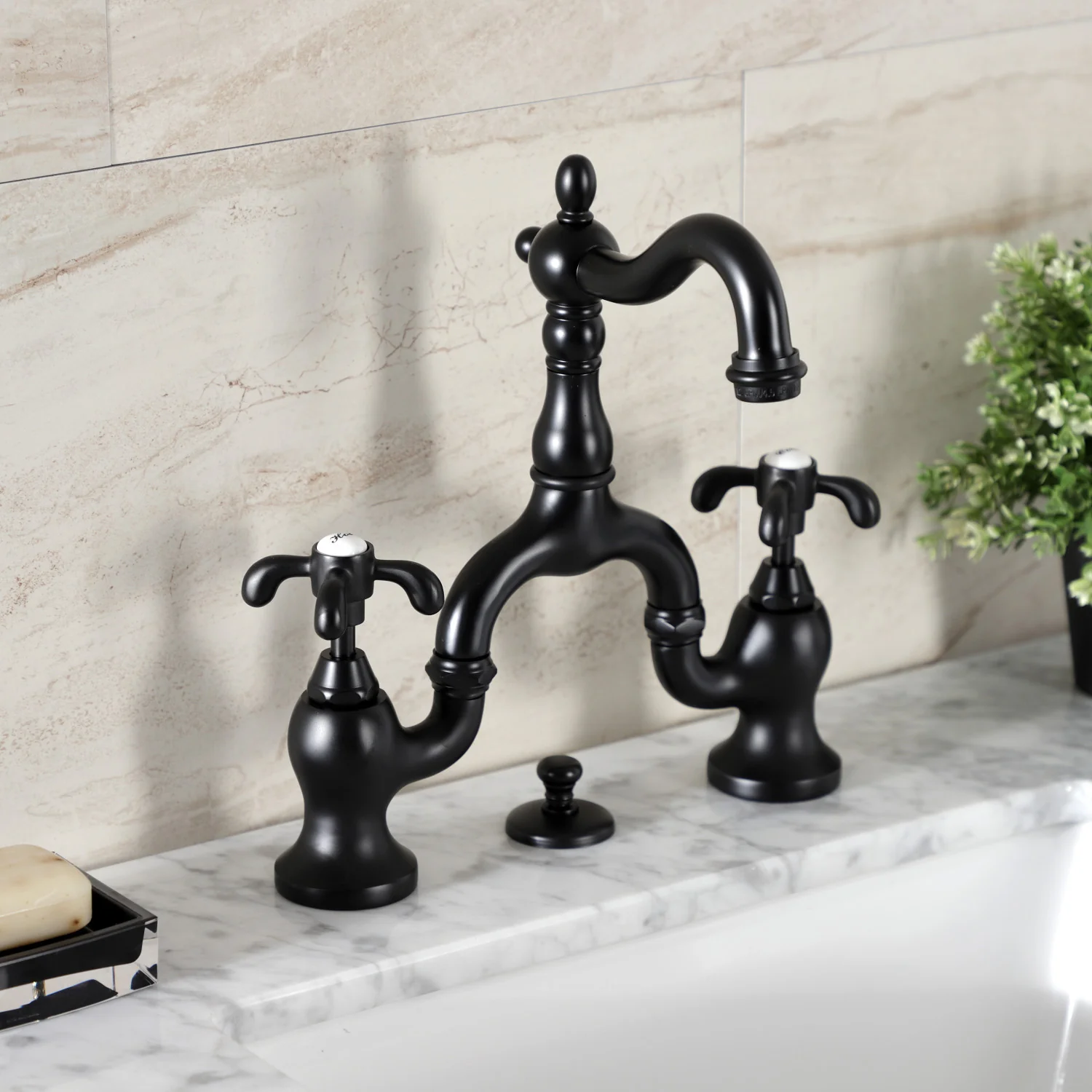 Kingston Heirloom KS7970TX - French Country Two-Handle 3-Hole Deck Mount Bridge Bathroom Faucet with Brass Pop-Up, Matte Black - Image 3