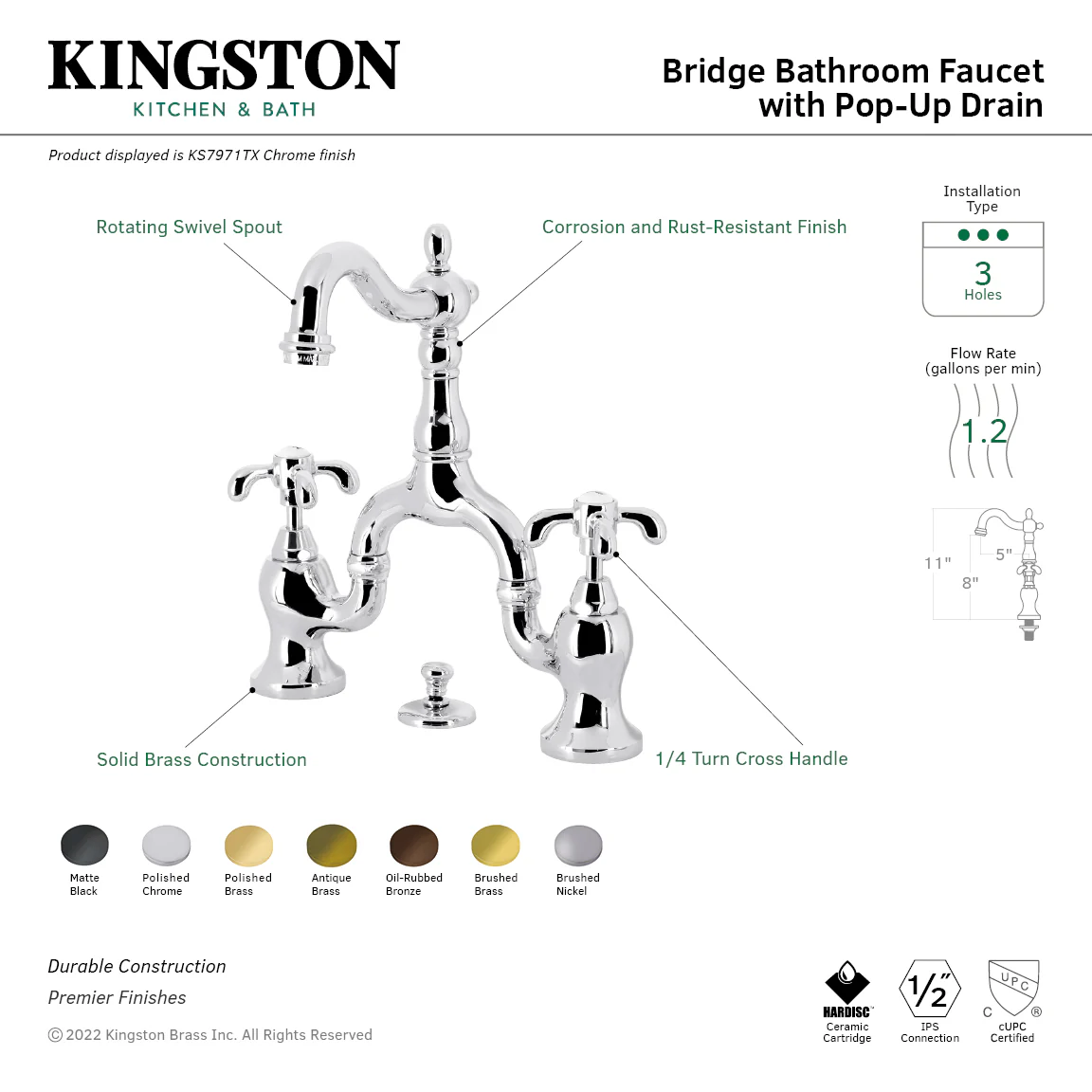 Kingston Heirloom KS7970TX - French Country Two-Handle 3-Hole Deck Mount Bridge Bathroom Faucet with Brass Pop-Up, Matte Black - Image 6