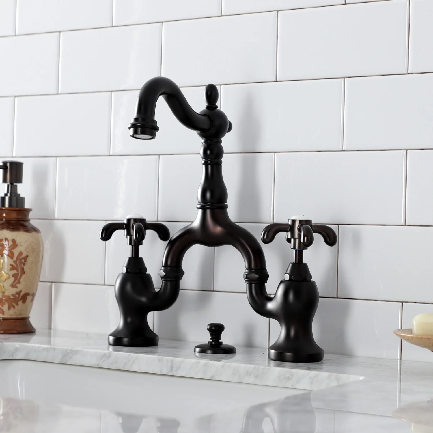 Kingston Heirloom KS7975TX - French Country Two-Handle 3-Hole Deck Mount Bridge Bathroom Faucet with Brass Pop-Up, Oil Rubbed Bronze - Image 3