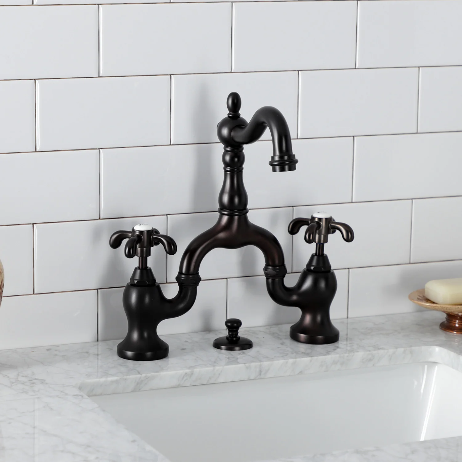 Kingston Heirloom KS7975TX - French Country Two-Handle 3-Hole Deck Mount Bridge Bathroom Faucet with Brass Pop-Up, Oil Rubbed Bronze - Image 4
