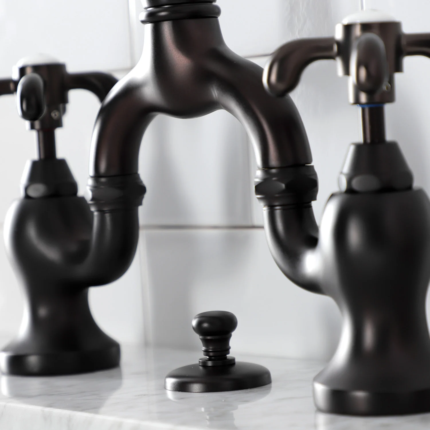 Kingston Heirloom KS7975TX - French Country Two-Handle 3-Hole Deck Mount Bridge Bathroom Faucet with Brass Pop-Up, Oil Rubbed Bronze - Image 5