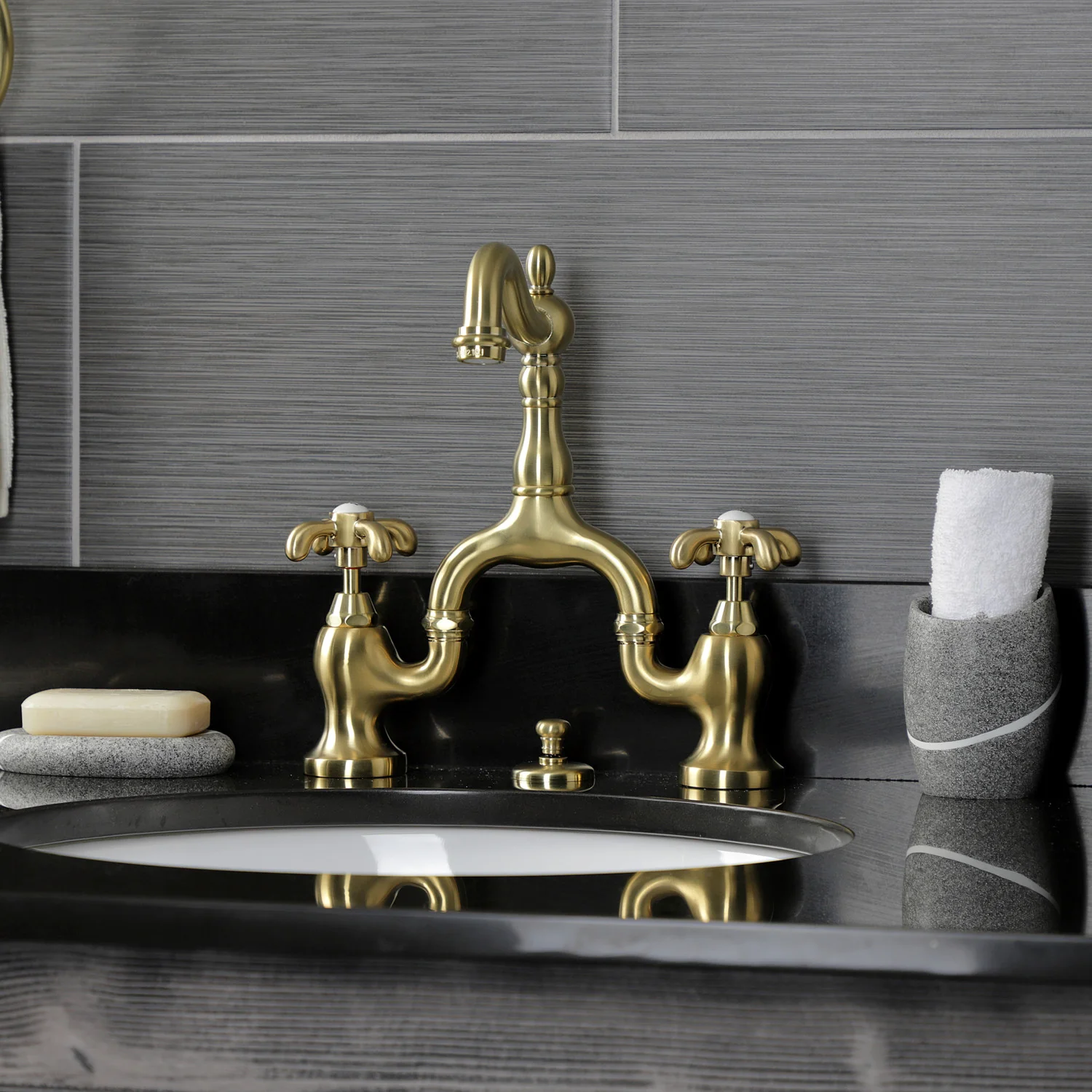 Kingston Heirloom KS7977TX - French Country Two-Handle 3-Hole Deck Mount Bridge Bathroom Faucet with Brass Pop-Up, Brushed Brass - Image 3