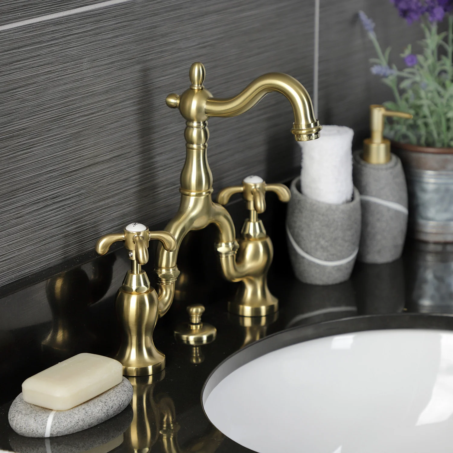 Kingston Heirloom KS7977TX - French Country Two-Handle 3-Hole Deck Mount Bridge Bathroom Faucet with Brass Pop-Up, Brushed Brass - Image 4