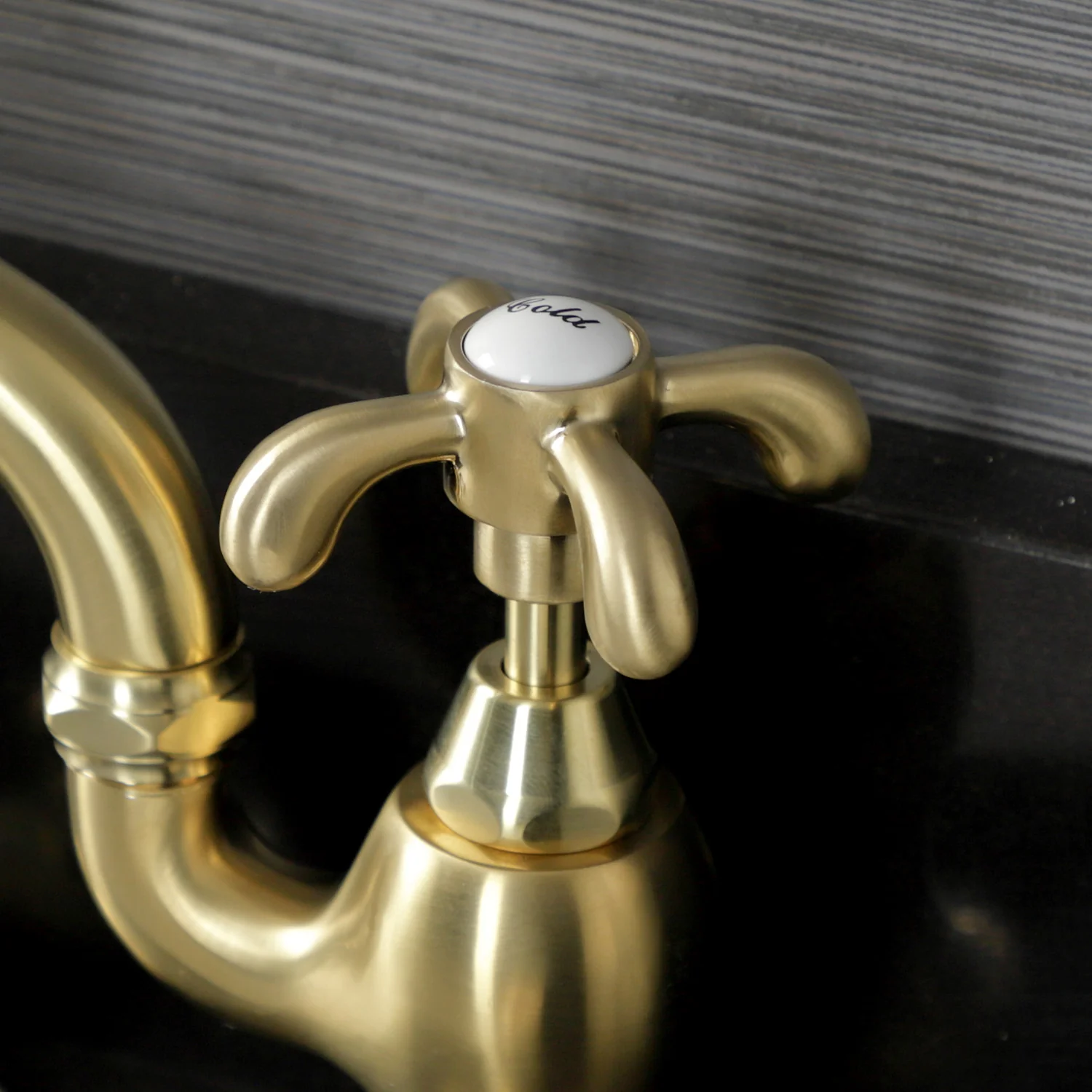 Kingston Heirloom KS7977TX - French Country Two-Handle 3-Hole Deck Mount Bridge Bathroom Faucet with Brass Pop-Up, Brushed Brass - Image 7