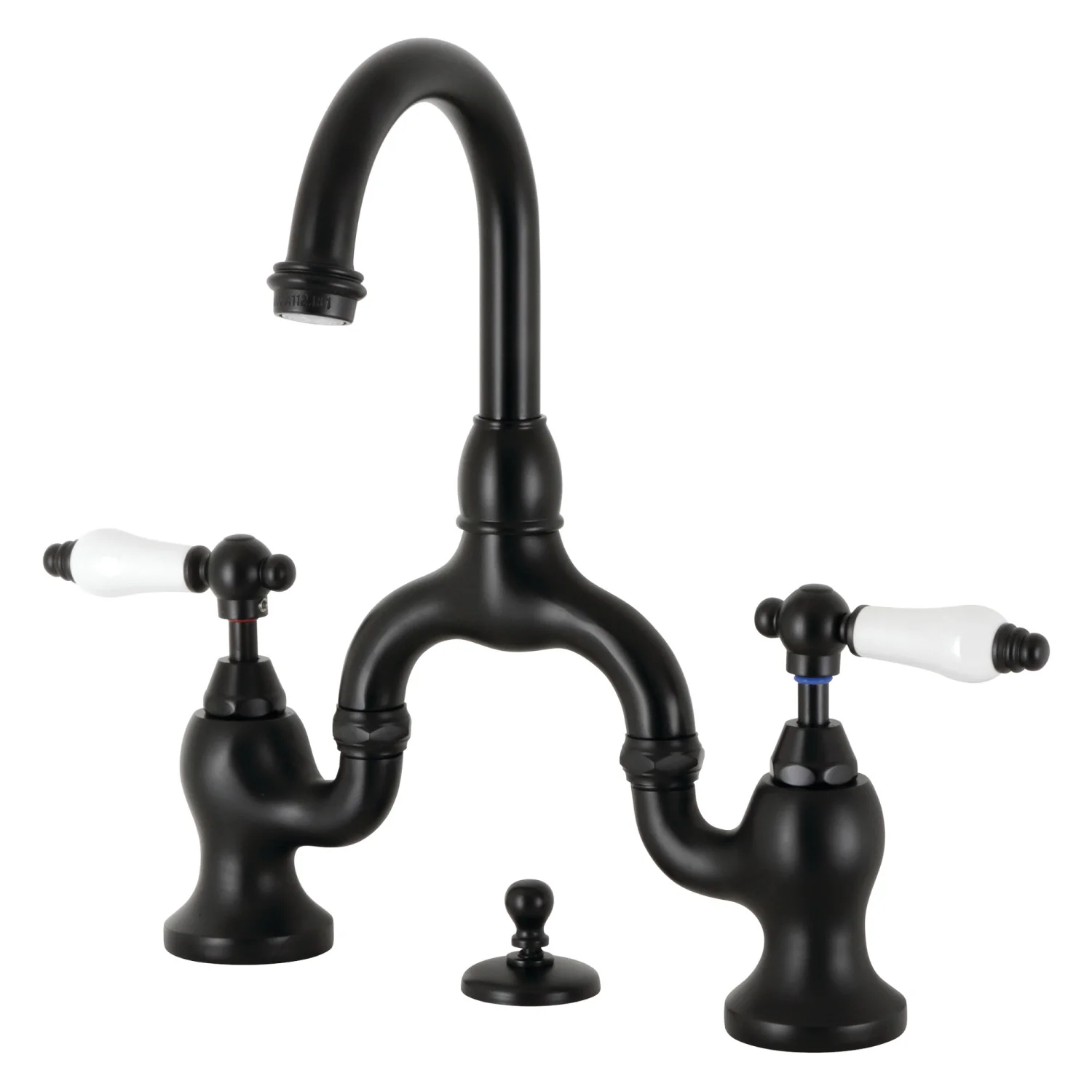 Kingston Tulare KS7990PL - English Country Two-Handle 3-Hole Deck Mount Bridge Bathroom Faucet with Brass Pop-Up, Matte Black
