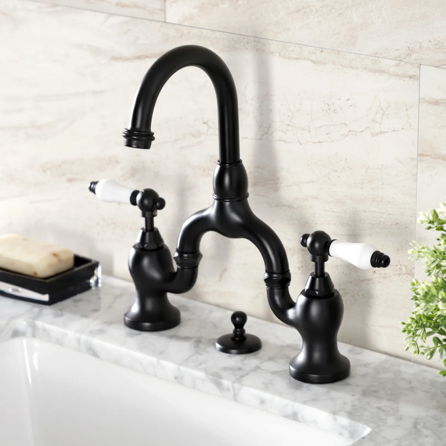 Kingston Tulare KS7990PL - English Country Two-Handle 3-Hole Deck Mount Bridge Bathroom Faucet with Brass Pop-Up, Matte Black - Image 2