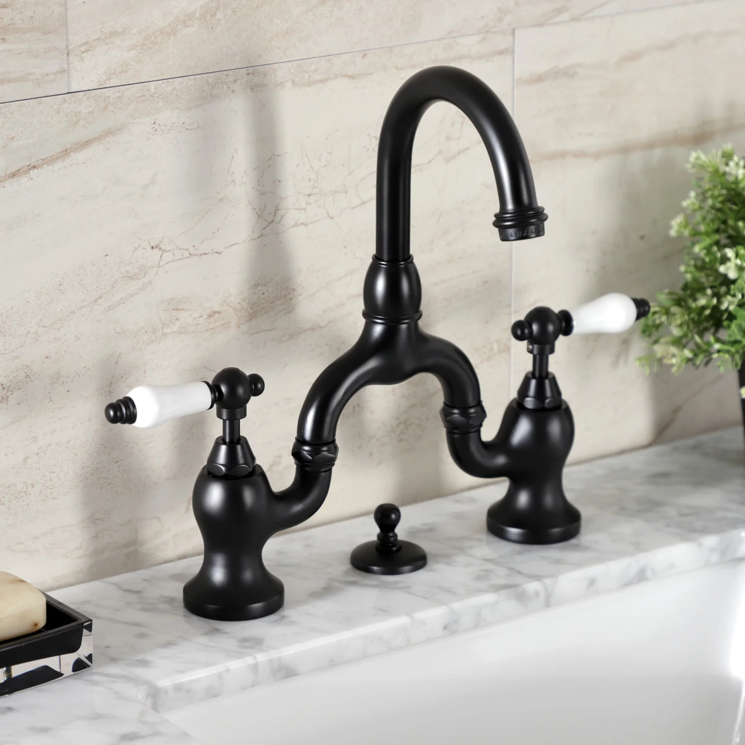 Kingston Tulare KS7990PL - English Country Two-Handle 3-Hole Deck Mount Bridge Bathroom Faucet with Brass Pop-Up, Matte Black - Image 3