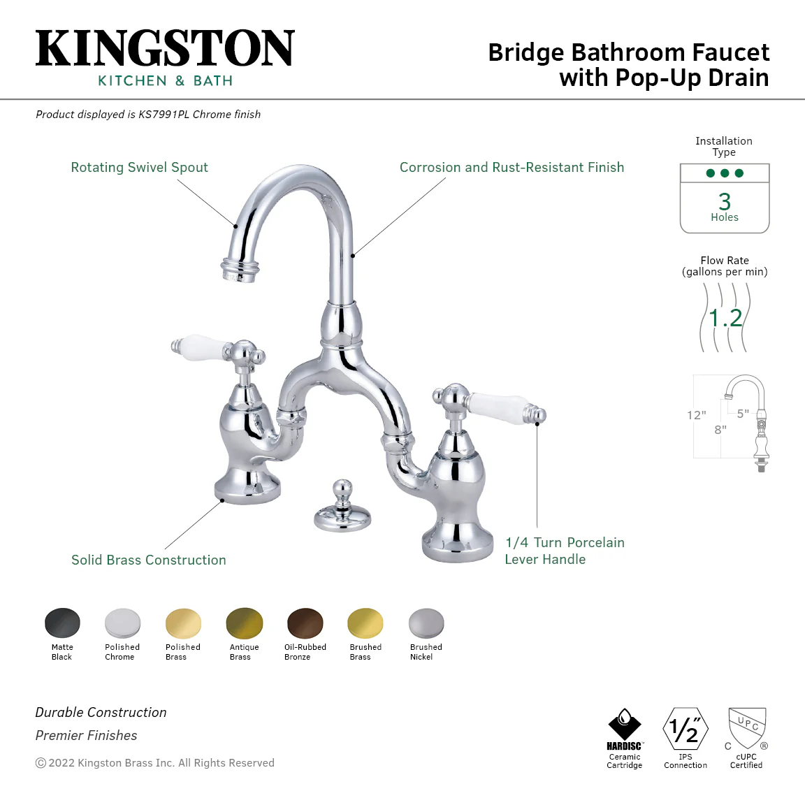 Kingston Tulare KS7990PL - English Country Two-Handle 3-Hole Deck Mount Bridge Bathroom Faucet with Brass Pop-Up, Matte Black - Image 6