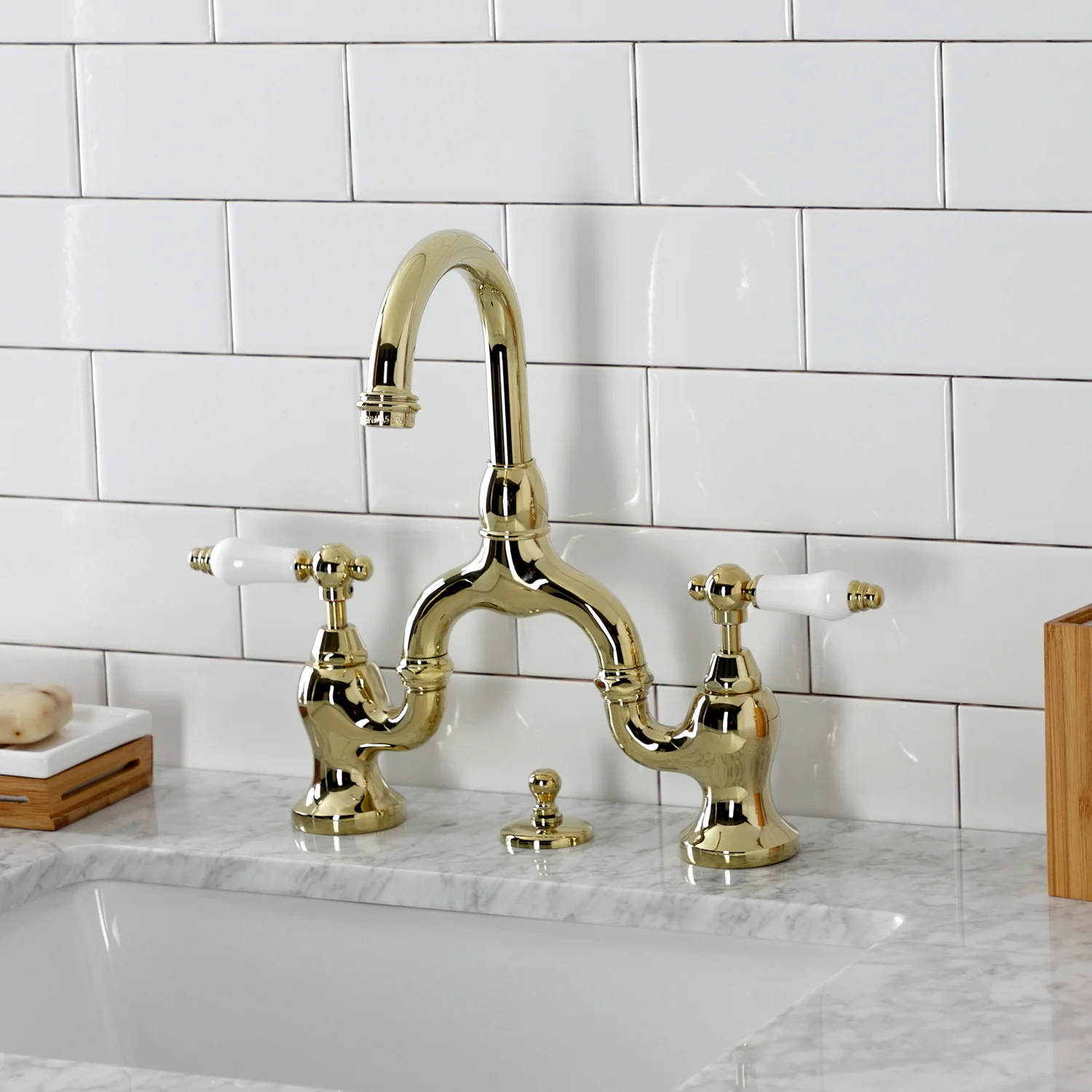 Kingston Tulare KS7992PL - English Country Two-Handle 3-Hole Deck Mount Bridge Bathroom Faucet with Brass Pop-Up, Polished Brass - Image 2