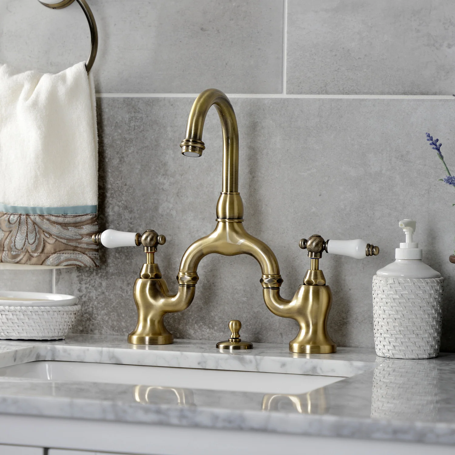 Kingston Tulare KS7993PL - English Country Two-Handle 3-Hole Deck Mount Bridge Bathroom Faucet with Brass Pop-Up, Antique Brass - Image 3