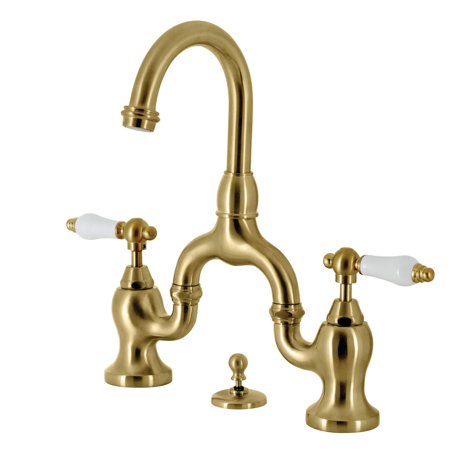 Kingston Tulare KS7997PL - English Country Two-Handle 3-Hole Deck Mount Bridge Bathroom Faucet with Brass Pop-Up, Brushed Brass