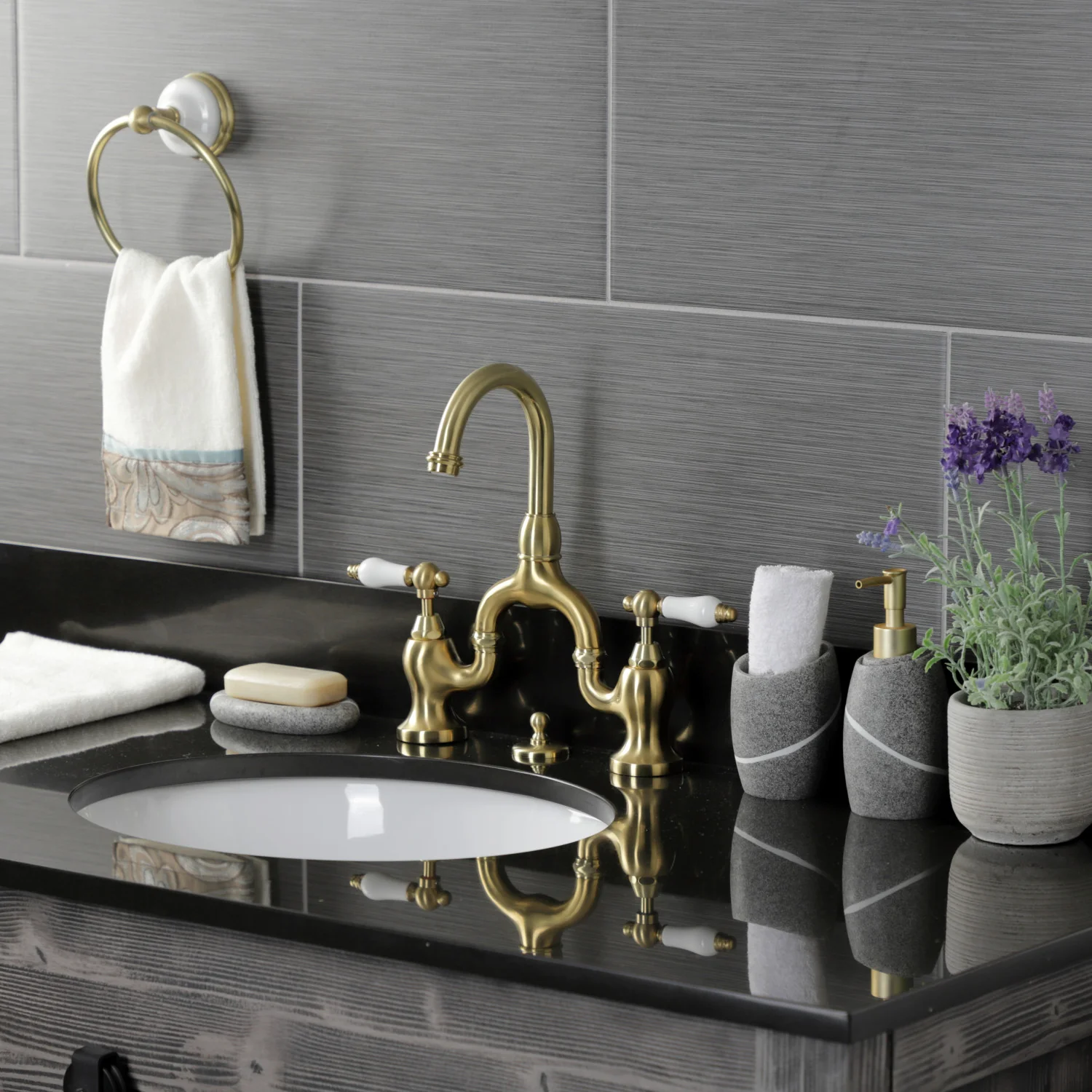 Kingston Tulare KS7997PL - English Country Two-Handle 3-Hole Deck Mount Bridge Bathroom Faucet with Brass Pop-Up, Brushed Brass - Image 2