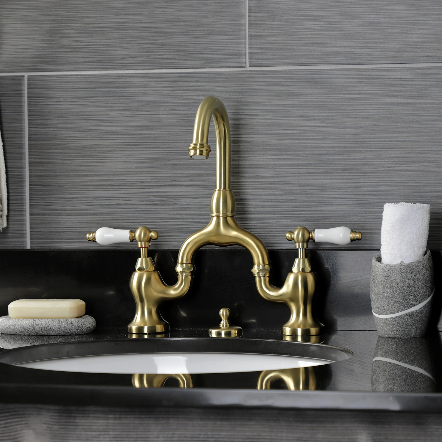 Kingston Tulare KS7997PL - English Country Two-Handle 3-Hole Deck Mount Bridge Bathroom Faucet with Brass Pop-Up, Brushed Brass - Image 3