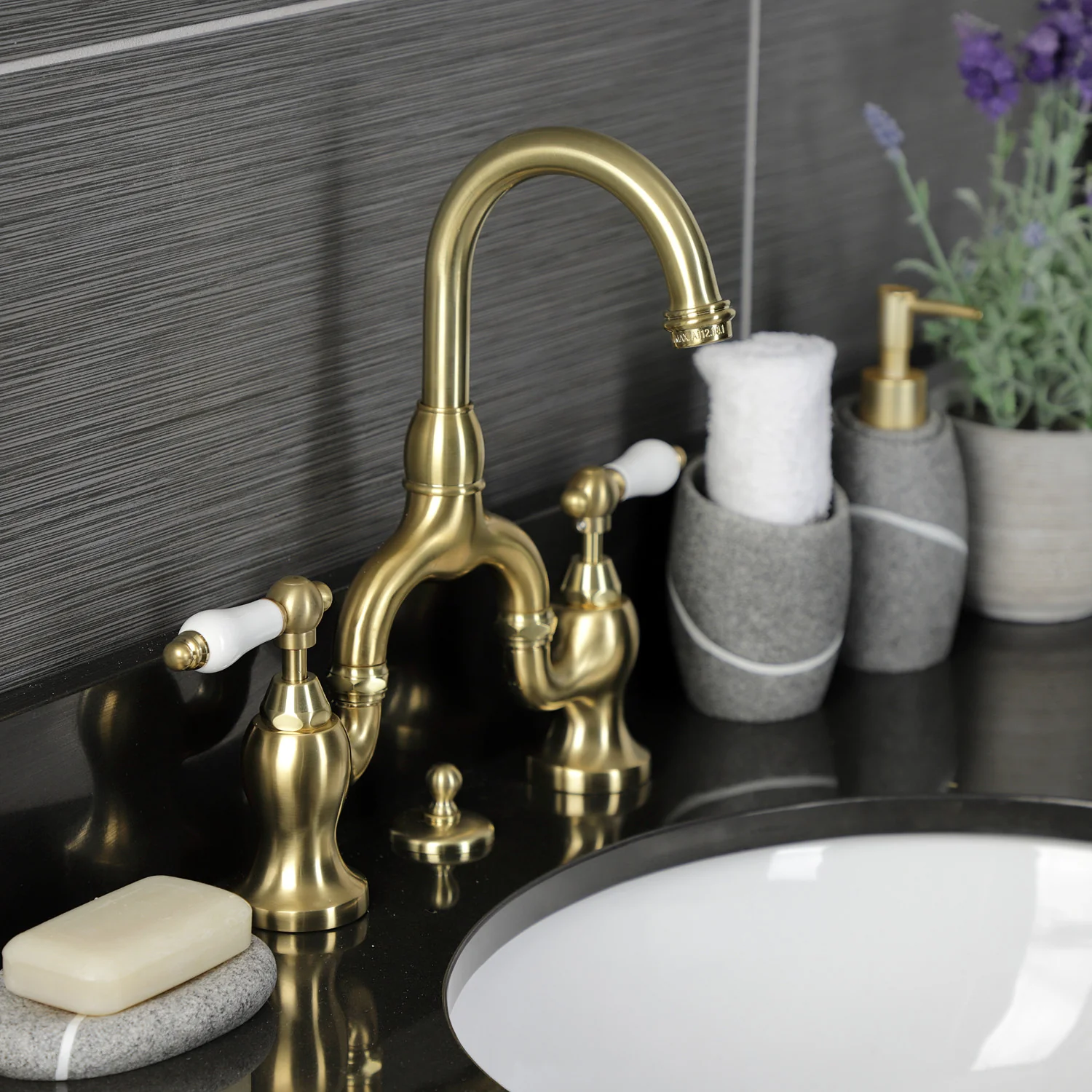 Kingston Tulare KS7997PL - English Country Two-Handle 3-Hole Deck Mount Bridge Bathroom Faucet with Brass Pop-Up, Brushed Brass - Image 4