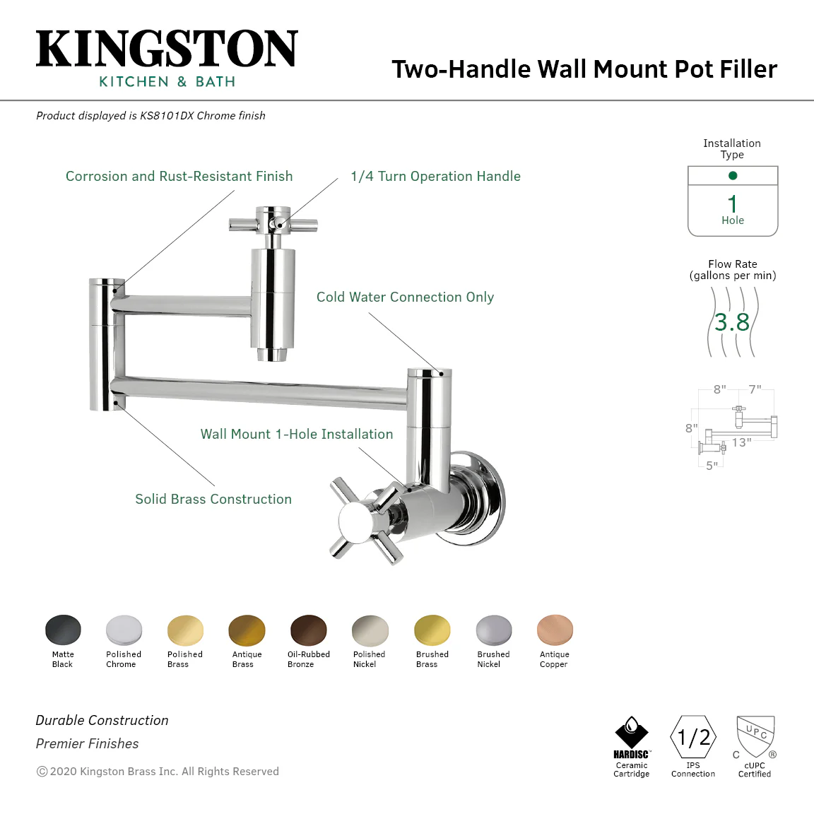 Kingston Sona KS8106DX - Concord Two-Handle 1-Hole Wall Mount Pot Filler Faucet, Polished Nickel - Image 6
