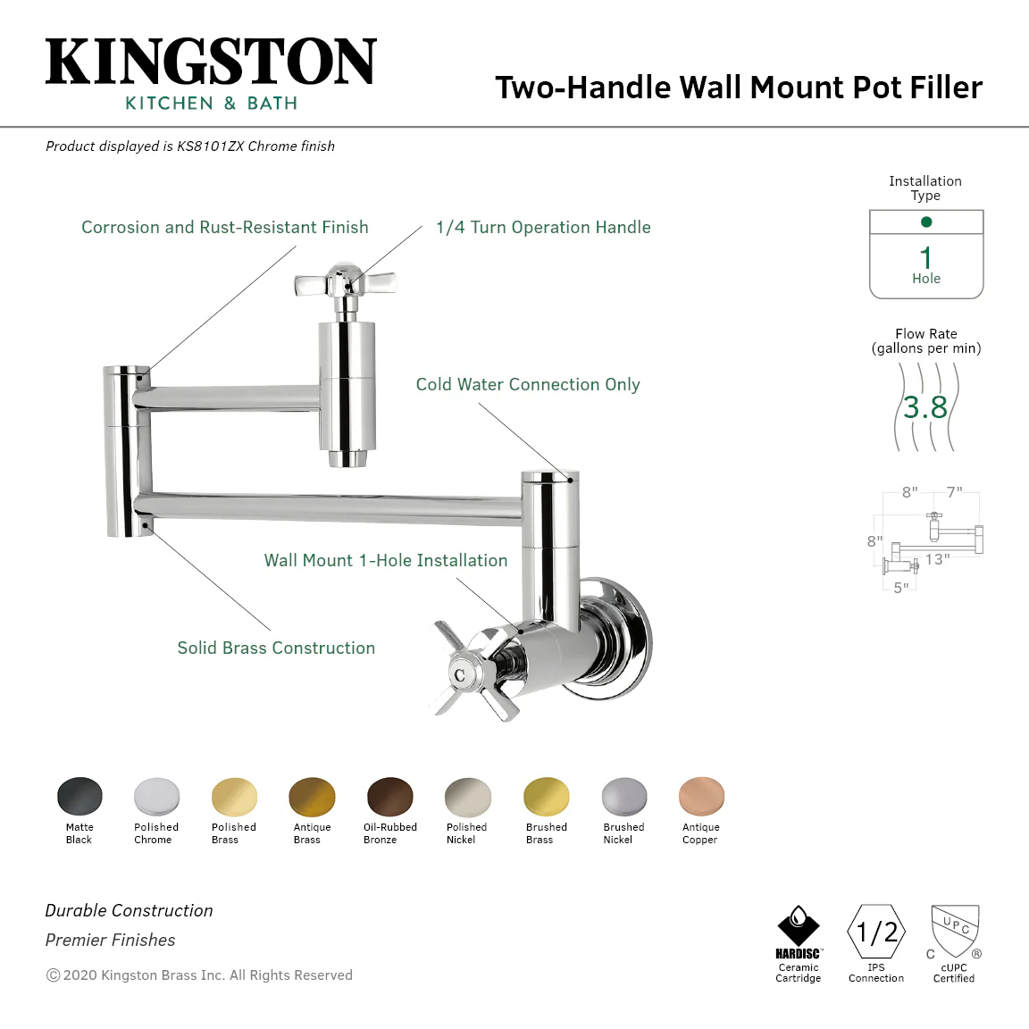 Kingston Sona KS8106ZX - Millennium Two-Handle 1-Hole Wall Mount Pot Filler Faucet, Polished Nickel - Image 6