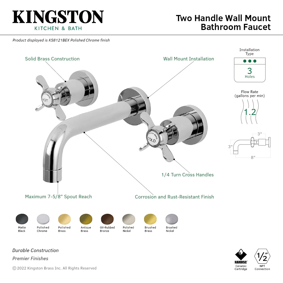 Kingston Sona KS8123BEX - Essex Double-Handle 3-Hole Wall Mount Bathroom Faucet, Antique Brass - Image 4