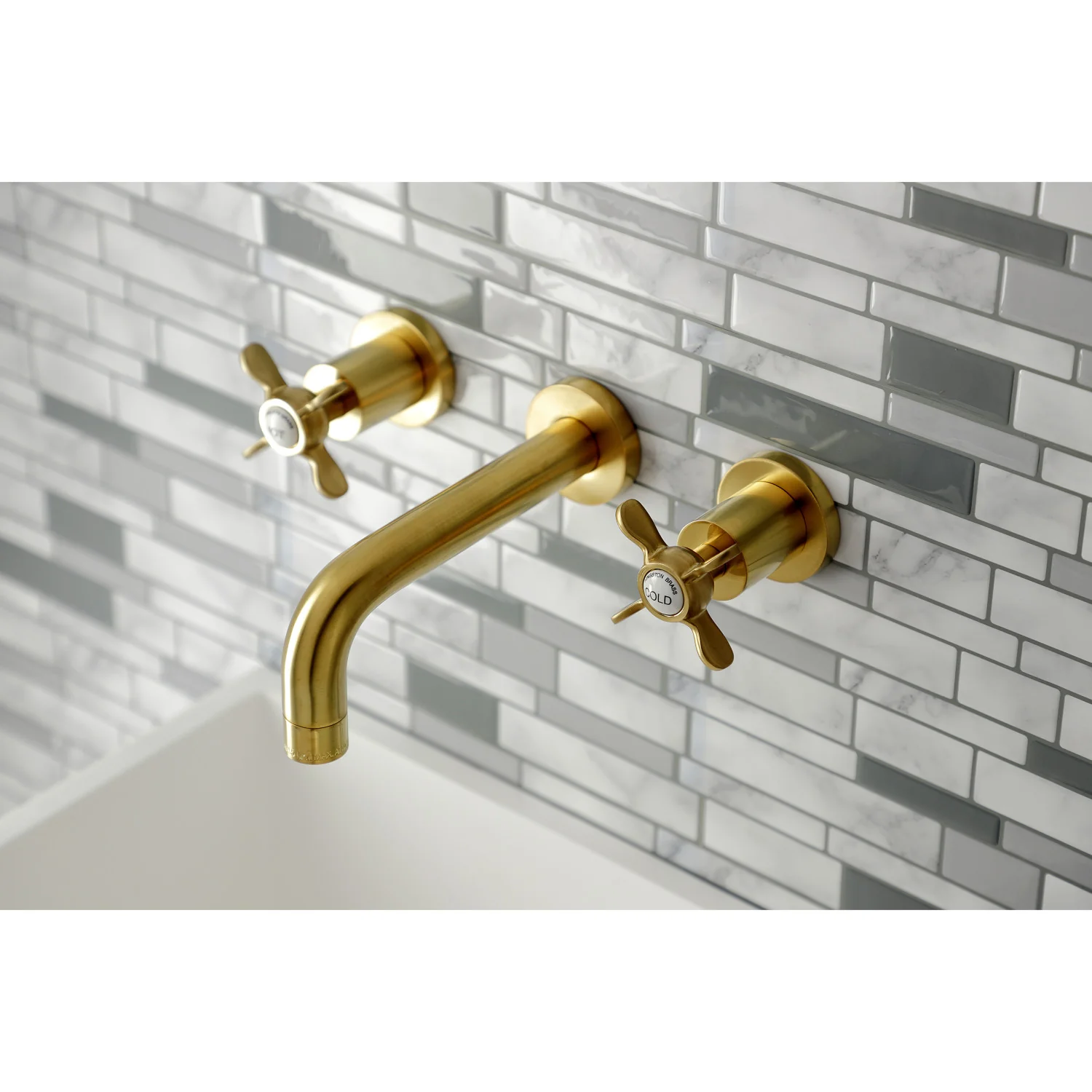 Kingston Sona KS8127BEX - Essex Double-Handle 3-Hole Wall Mount Bathroom Faucet, Brushed Brass - Image 2