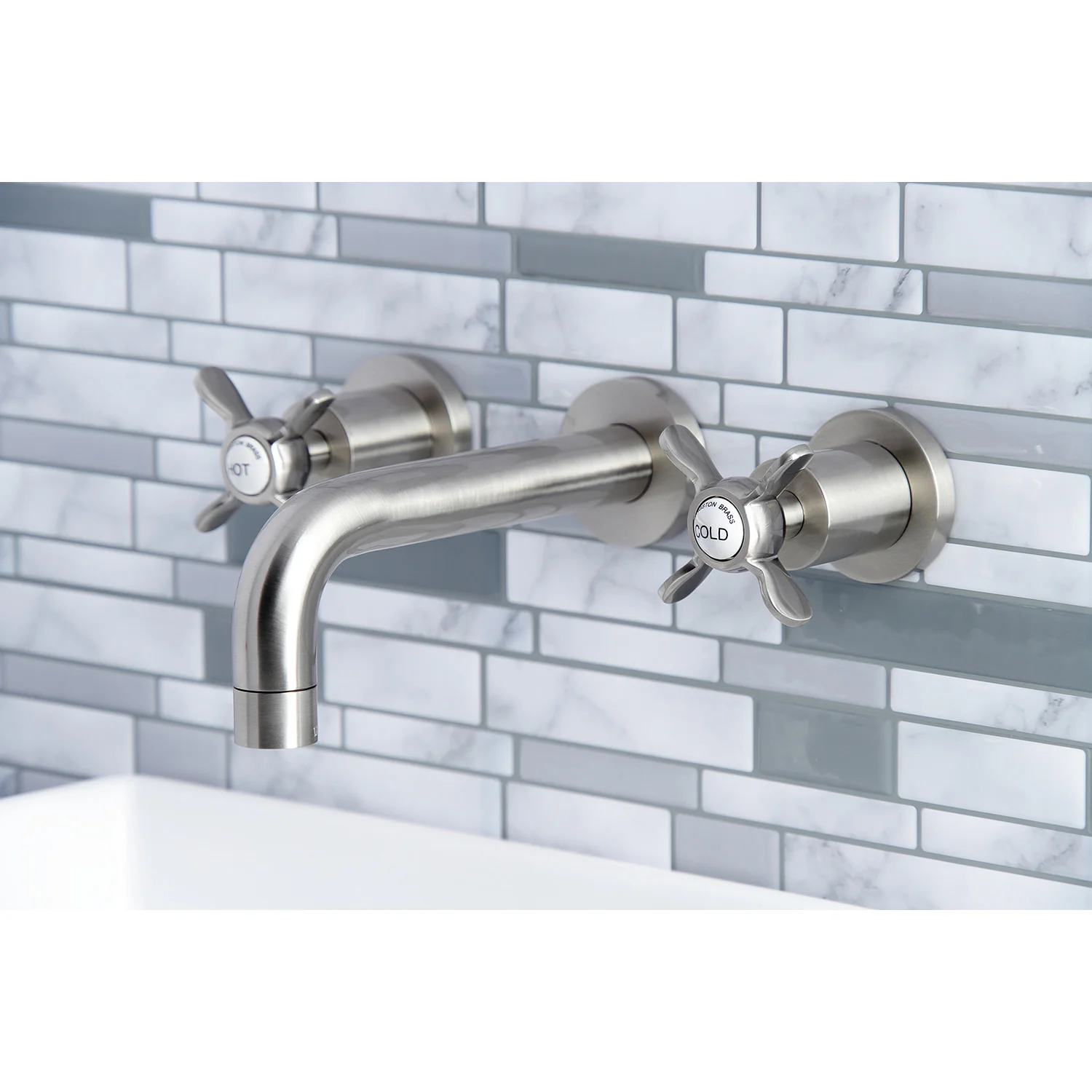 Kingston Sona KS8128BEX - Essex Double-Handle 3-Hole Wall Mount Bathroom Faucet, Brushed Nickel - Image 3